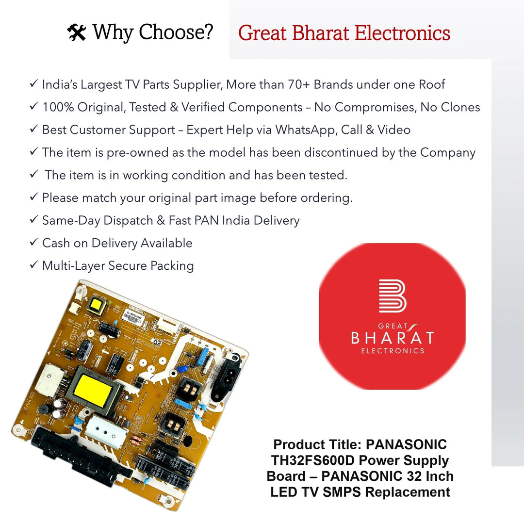 Panasonic TH32FS600D Power Supply Board – Panasonic 32 Inch LED TV SMPS Replacement - Great Bharat Electronics