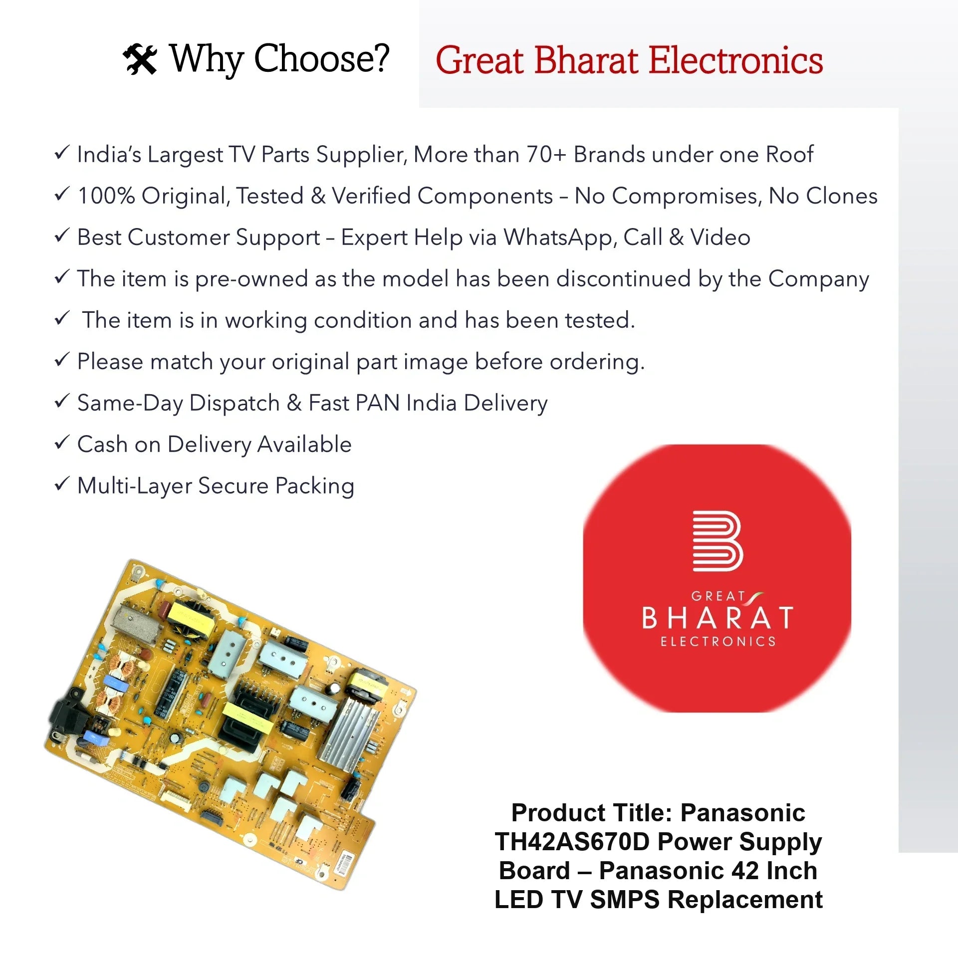 Panasonic TH42AS670D Power Supply Board – Panasonic 42 Inch LED TV SMPS Replacement - Great Bharat Electronics