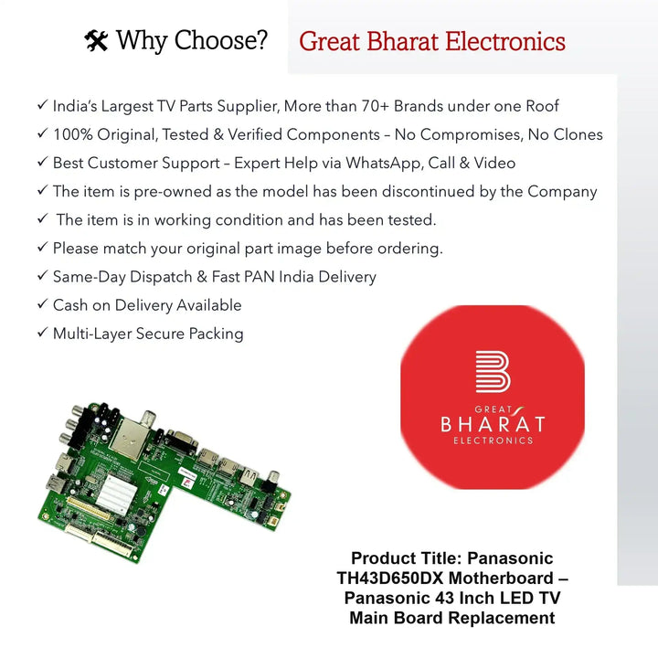 Panasonic TH43D650DX Motherboard – Panasonic 43 Inch LED TV Main Board Replacement - Great Bharat Electronics