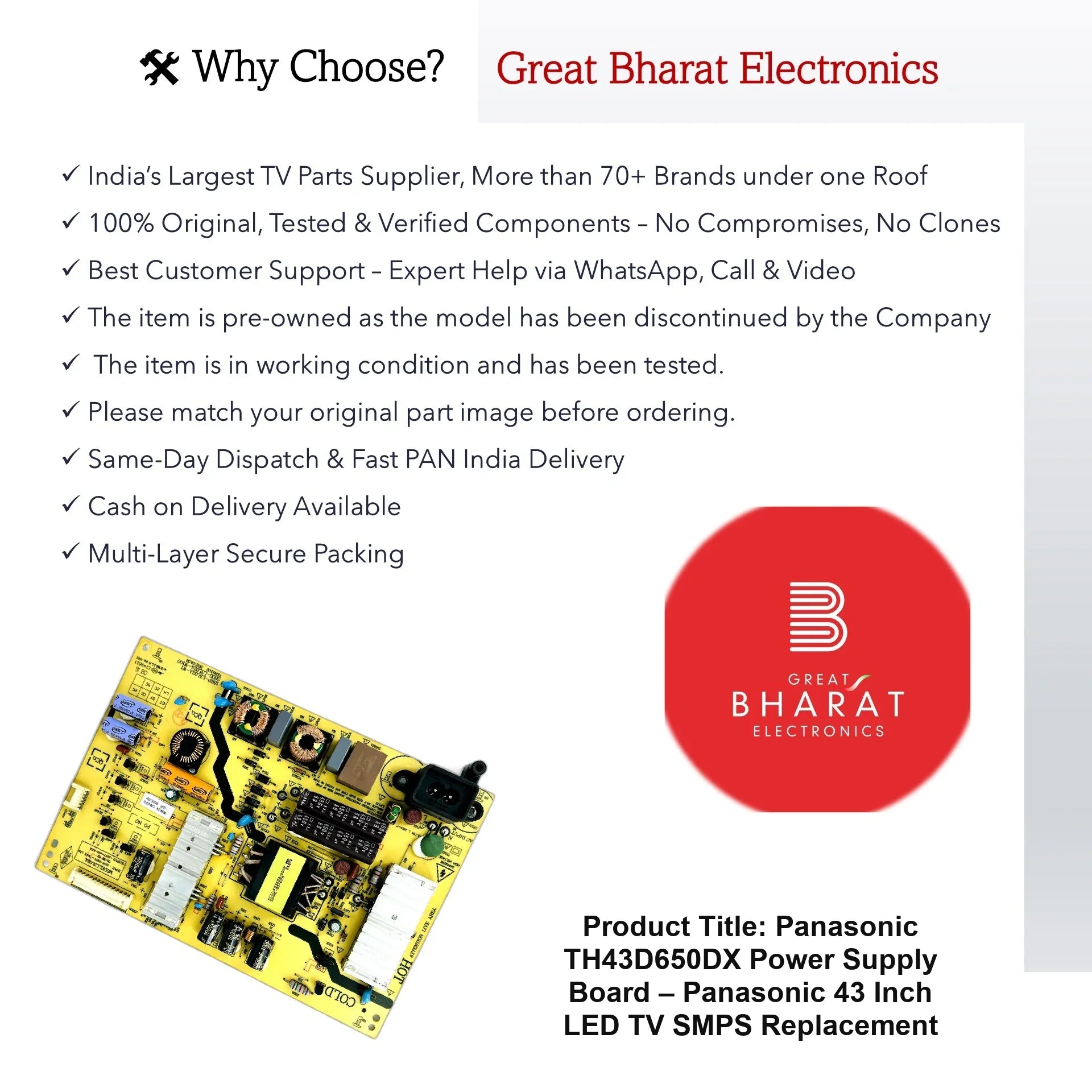 Panasonic TH43D650DX Power Supply Board – Panasonic 43 Inch LED TV SMPS Replacement - Great Bharat Electronics