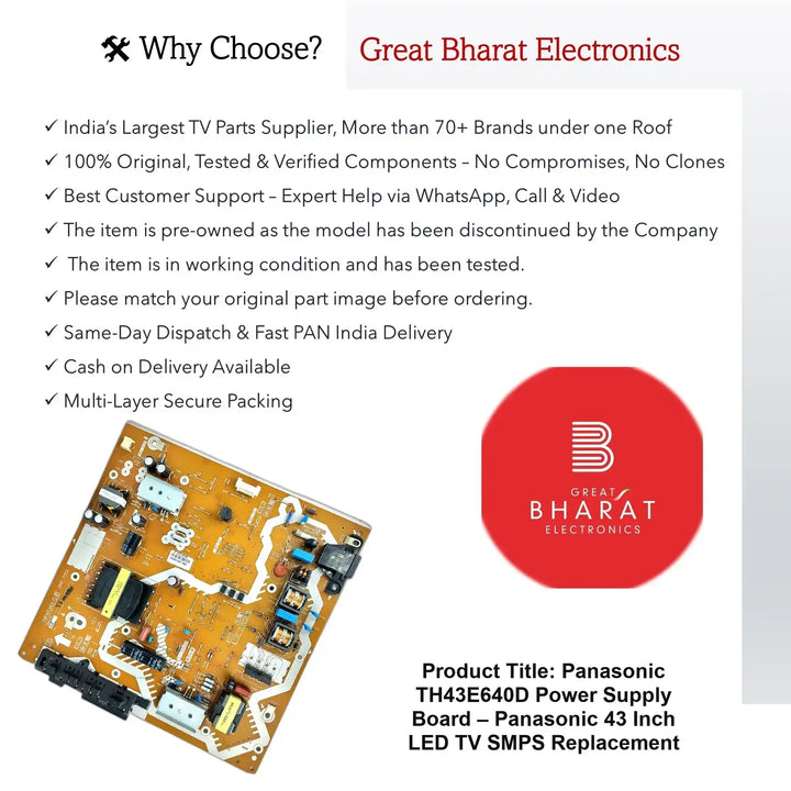 Panasonic TH43E640D Power Supply Board – Panasonic 43 Inch LED TV SMPS Replacement - Great Bharat Electronics