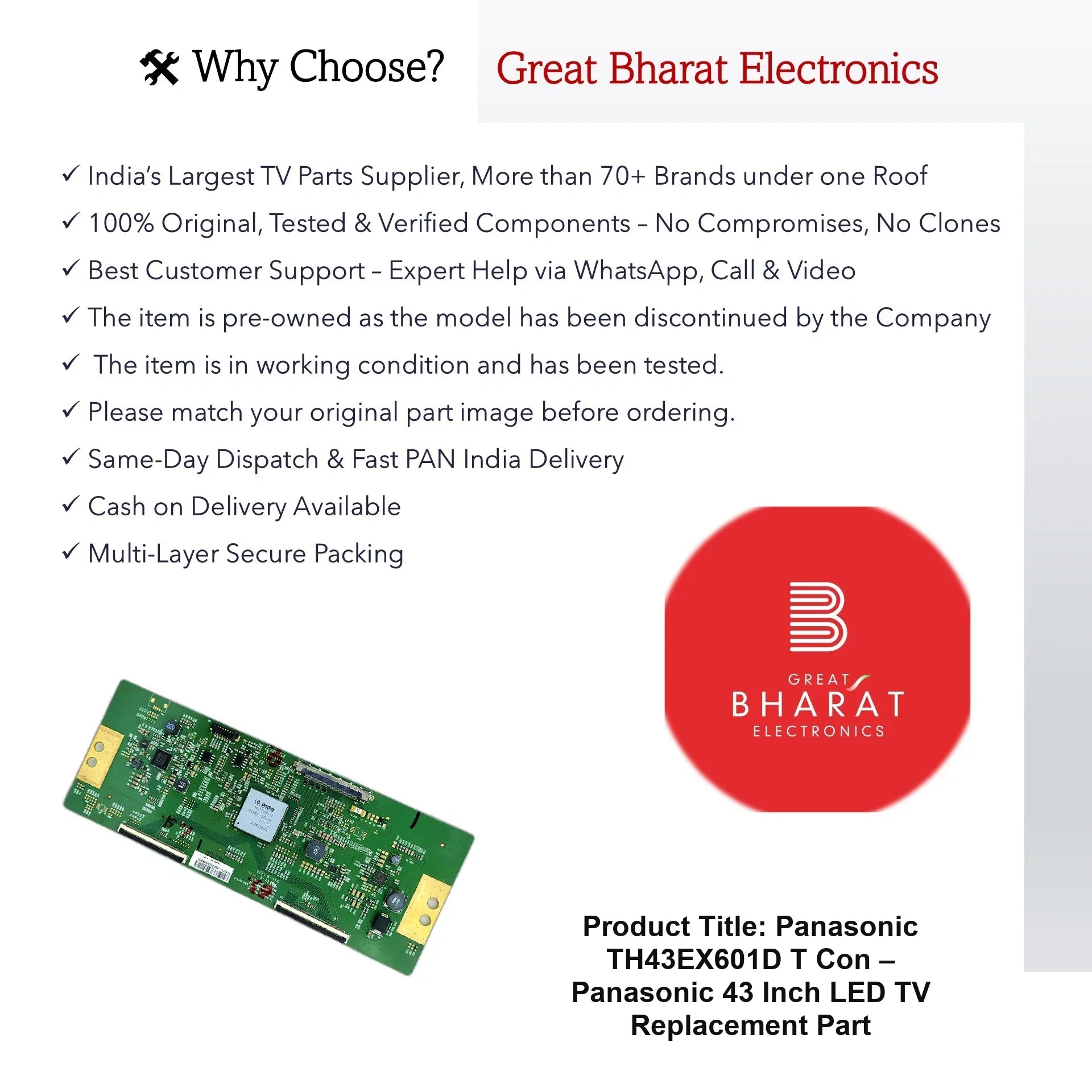 Panasonic TH43EX601D T-Con Board – Panasonic 43 Inch LED TV Replacement Part - Great Bharat Electronics