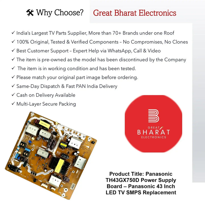 Panasonic TH43GX750D Power Supply Board – Panasonic 43 Inch LED TV SMPS Replacement - Great Bharat Electronics