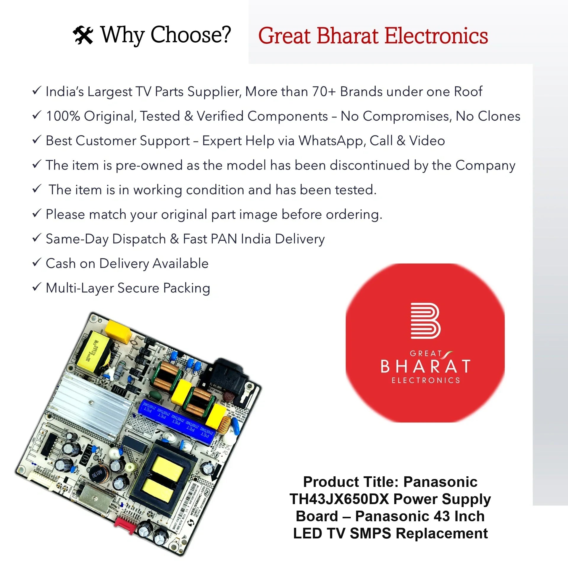 Panasonic TH43JX650DX Power Supply Board – Panasonic 43 Inch LED TV SMPS Replacement - Great Bharat Electronics
