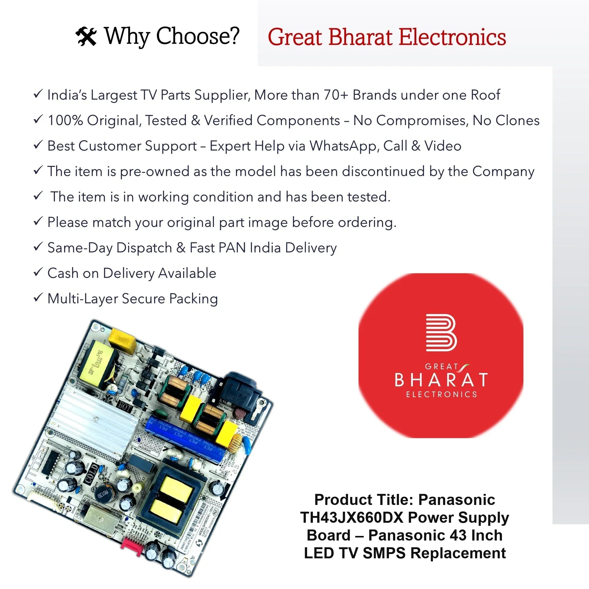 Panasonic TH43JX660DX Power Supply Board – Panasonic 43 Inch LED TV SMPS Replacement - Great Bharat Electronics