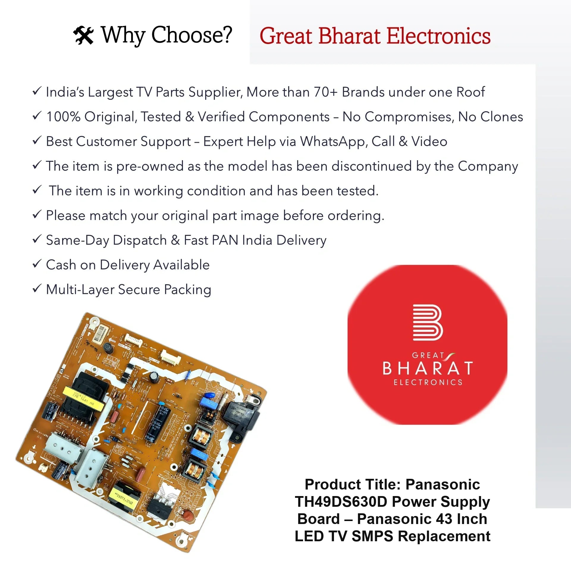 Panasonic TH49DS630D Power Supply Board – Panasonic 43 Inch LED TV SMPS Replacement - Great Bharat Electronics