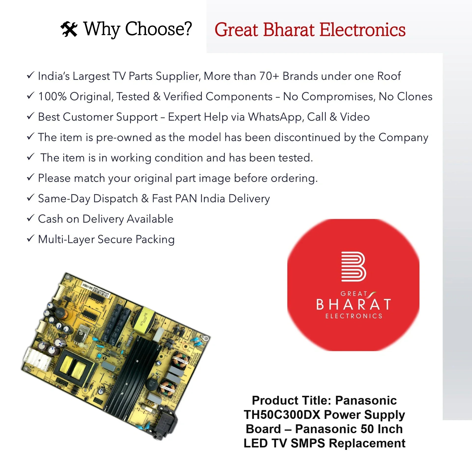 Panasonic TH50C300DX Power Supply Board – Panasonic 50 Inch LED TV SMPS Replacement - Great Bharat Electronics