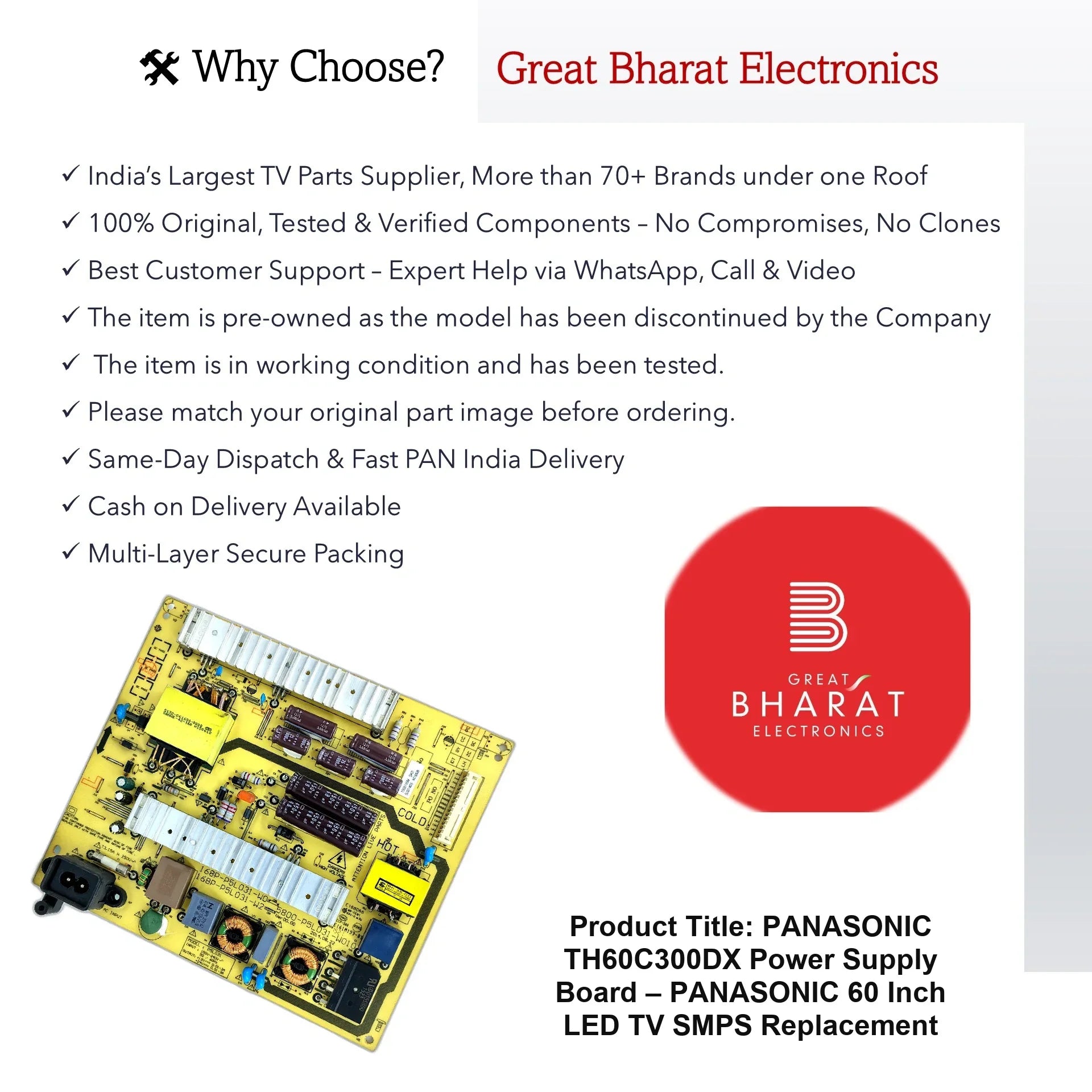 Panasonic TH60C300DX Power Supply Board – Panasonic 60 Inch LED TV SMPS Replacement - Great Bharat Electronics