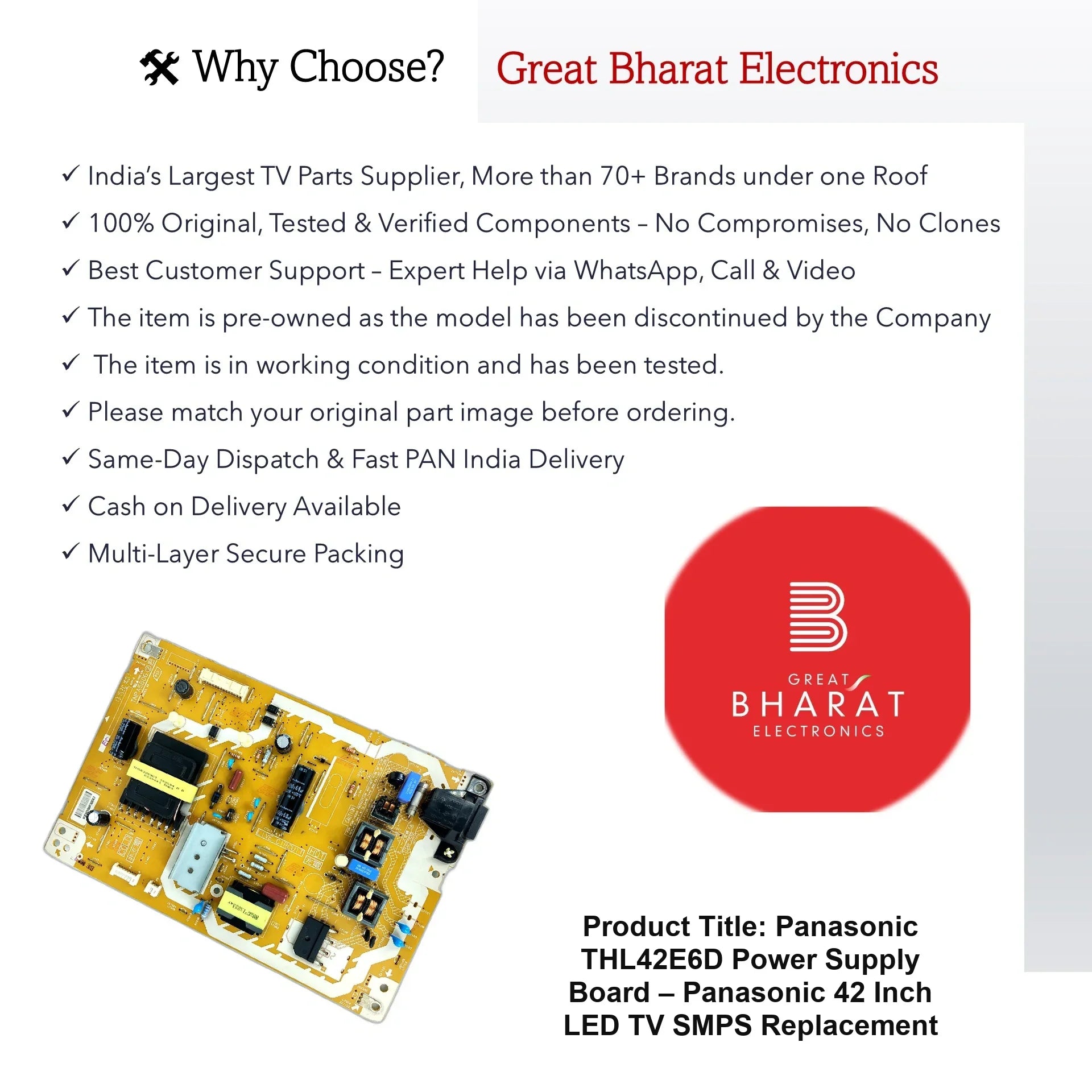 Panasonic THL42E6D Power Supply Board – Panasonic 42 Inch LED TV SMPS Replacement - Great Bharat Electronics