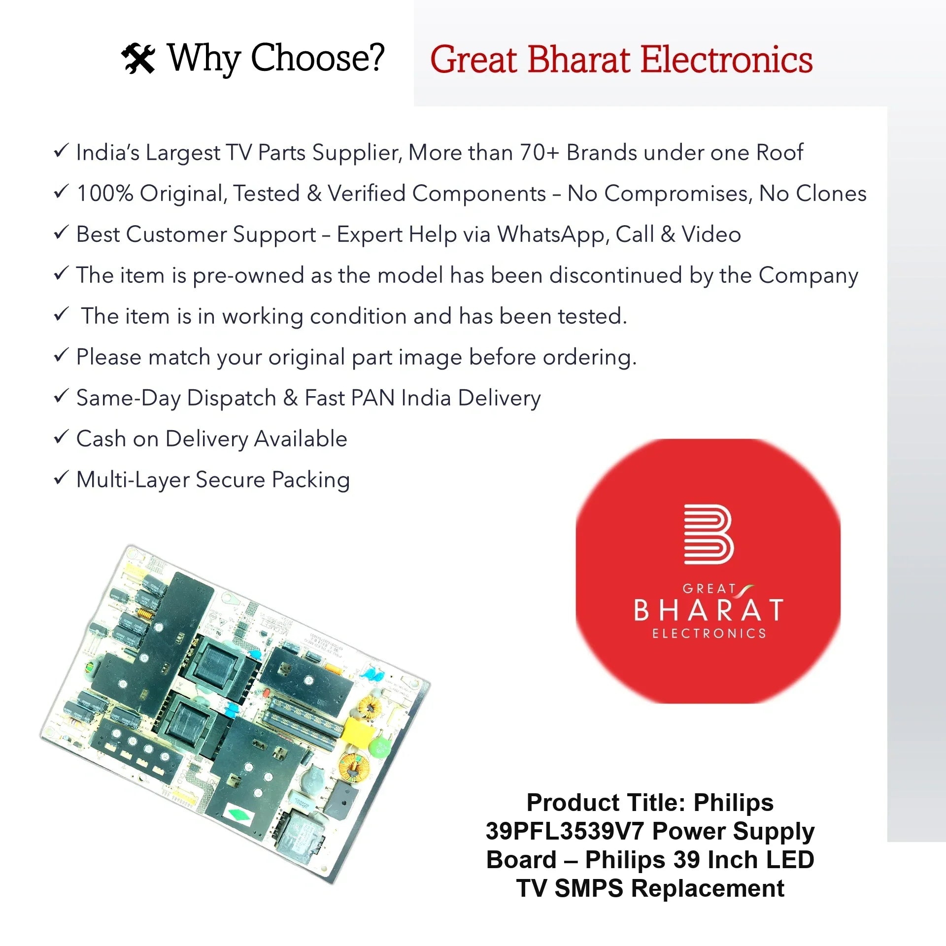 Philips 39PFL3539V7 Power Supply Board – Philips 39 Inch LED TV SMPS Replacement - Great Bharat Electronics