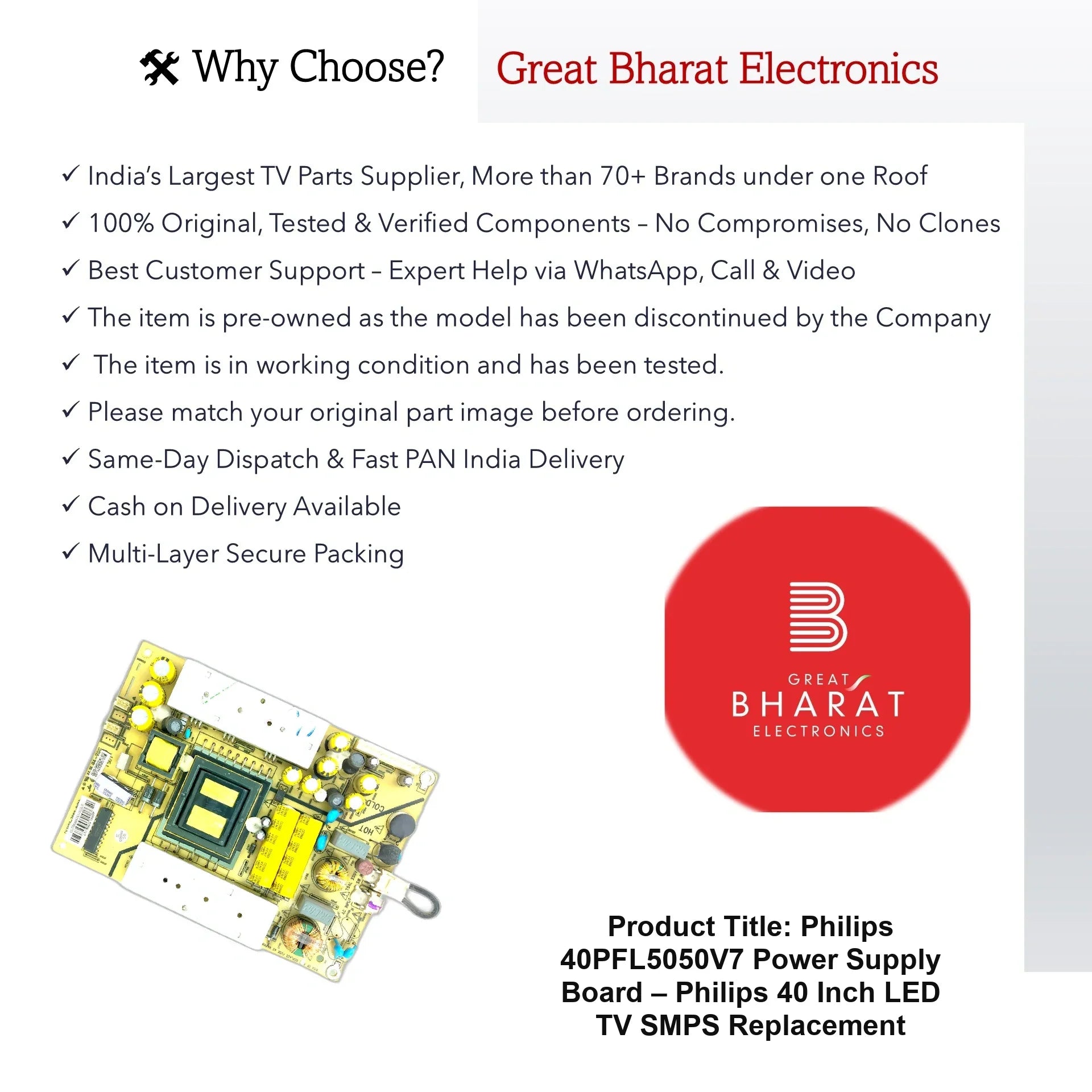 Philips 40PFL5050V7 Power Supply Board – Philips 40 Inch LED TV SMPS Replacement - Great Bharat Electronics