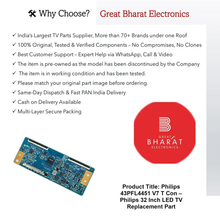 Philips 43PFL4451-V7 T-Con Board – Philips 32 Inch LED TV Replacement Part - Great Bharat Electronics