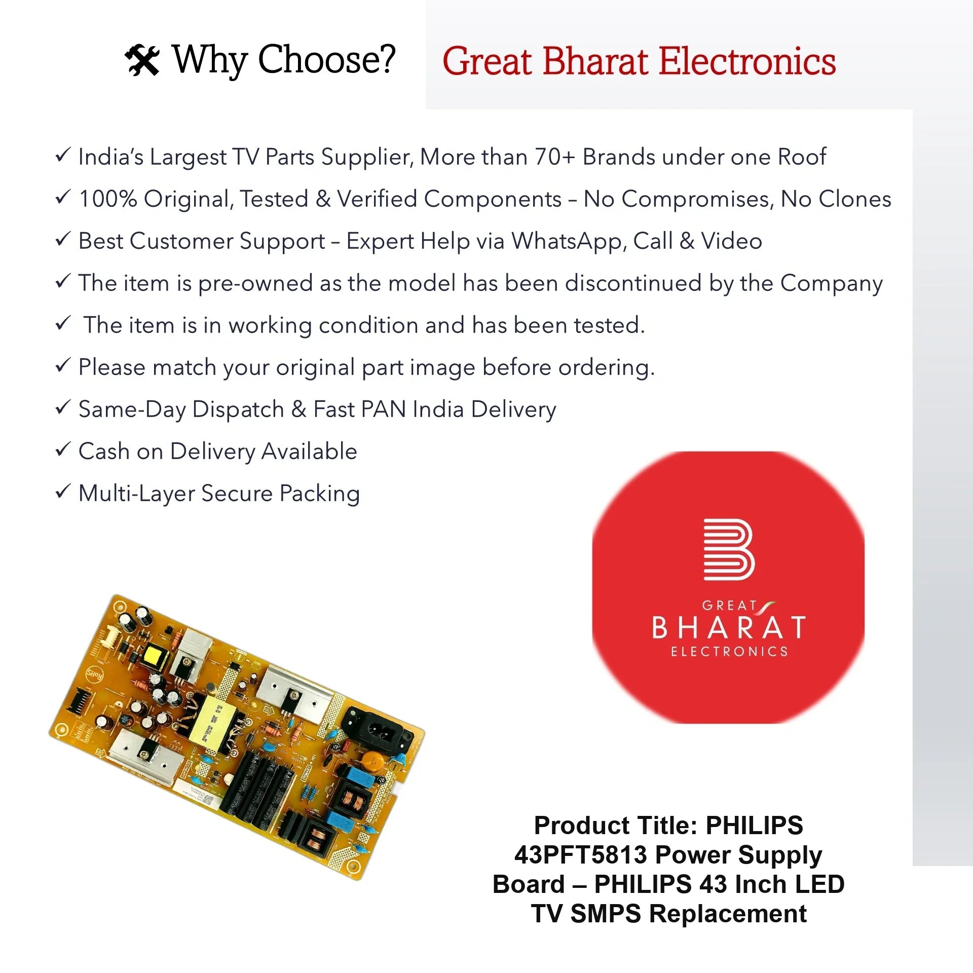 Philips 43PFT5813 Power Supply Board – Philips 43 Inch LED TV SMPS Replacement - Great Bharat Electronics