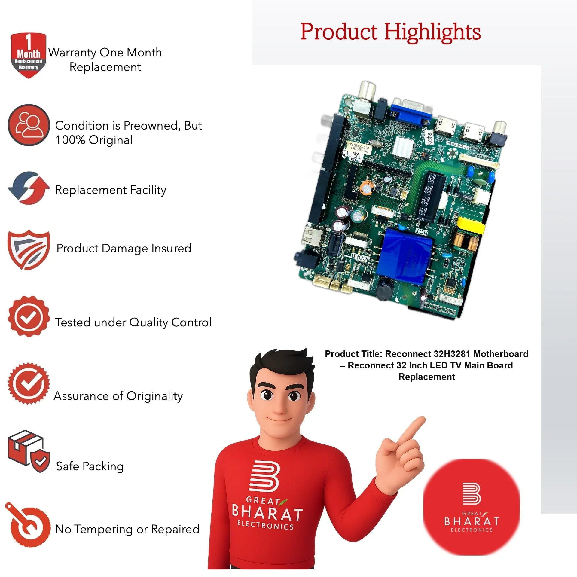 Reconnect 32H3281 Motherboard – Reconnect 32 Inch LED TV Main Board Replacement - Great Bharat Electronics