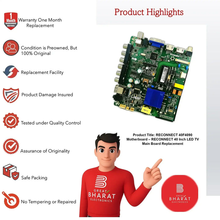RECONNECT 40F4090 Motherboard – RECONNECT 40 Inch LED TV Main Board Replacement - Great Bharat Electronics