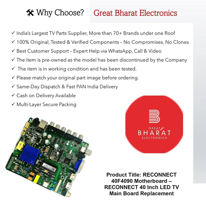 RECONNECT 40F4090 Motherboard – RECONNECT 40 Inch LED TV Main Board Replacement - Great Bharat Electronics