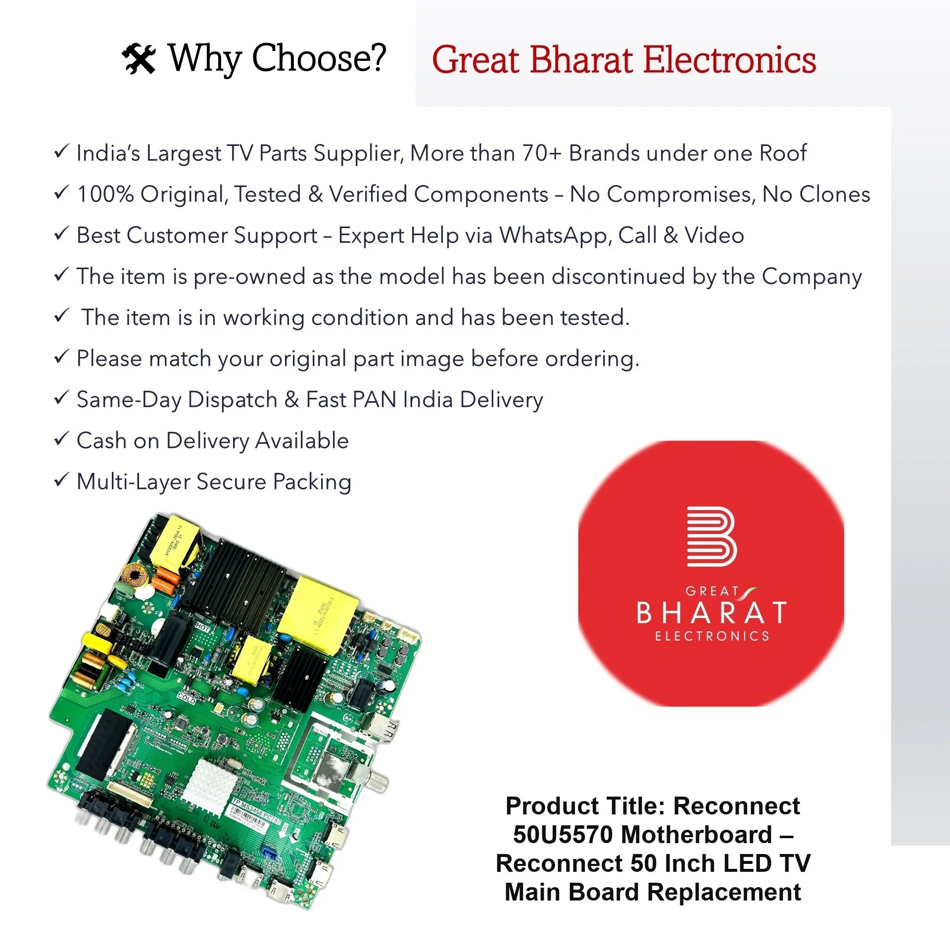 Reconnect 50U5570 Motherboard – Reconnect 50 Inch LED TV Main Board Replacement - Great Bharat Electronics