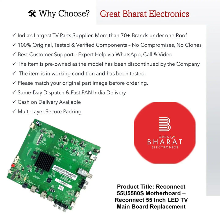 Reconnect 55U5580S Motherboard – Reconnect 55 Inch LED TV Main Board Replacement - Great Bharat Electronics