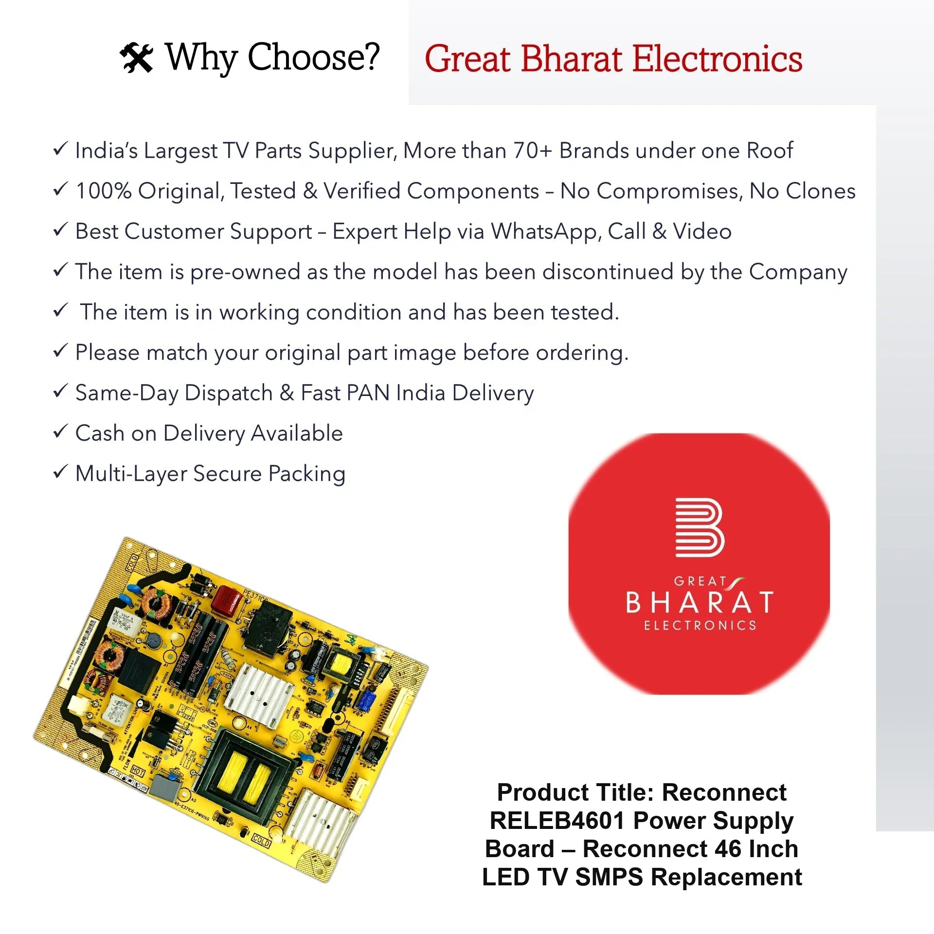 Reconnect RELEB4601 Power Supply Board – Reconnect 46 Inch LED TV SMPS Replacement - Great Bharat Electronics