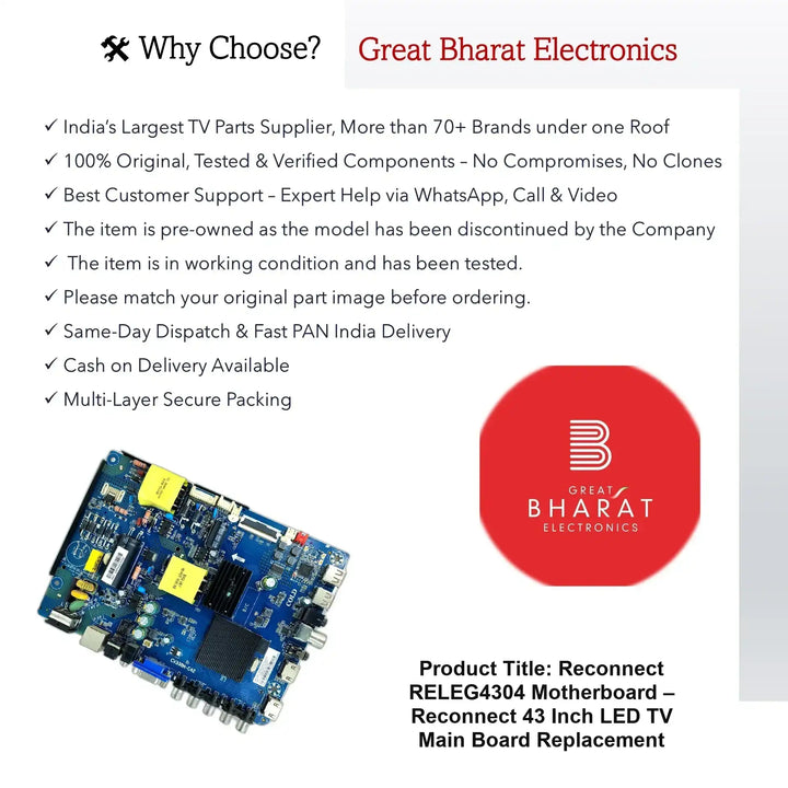 Reconnect RELEG4304 Motherboard – Reconnect 43 Inch LED TV Main Board Replacement - Great Bharat Electronics