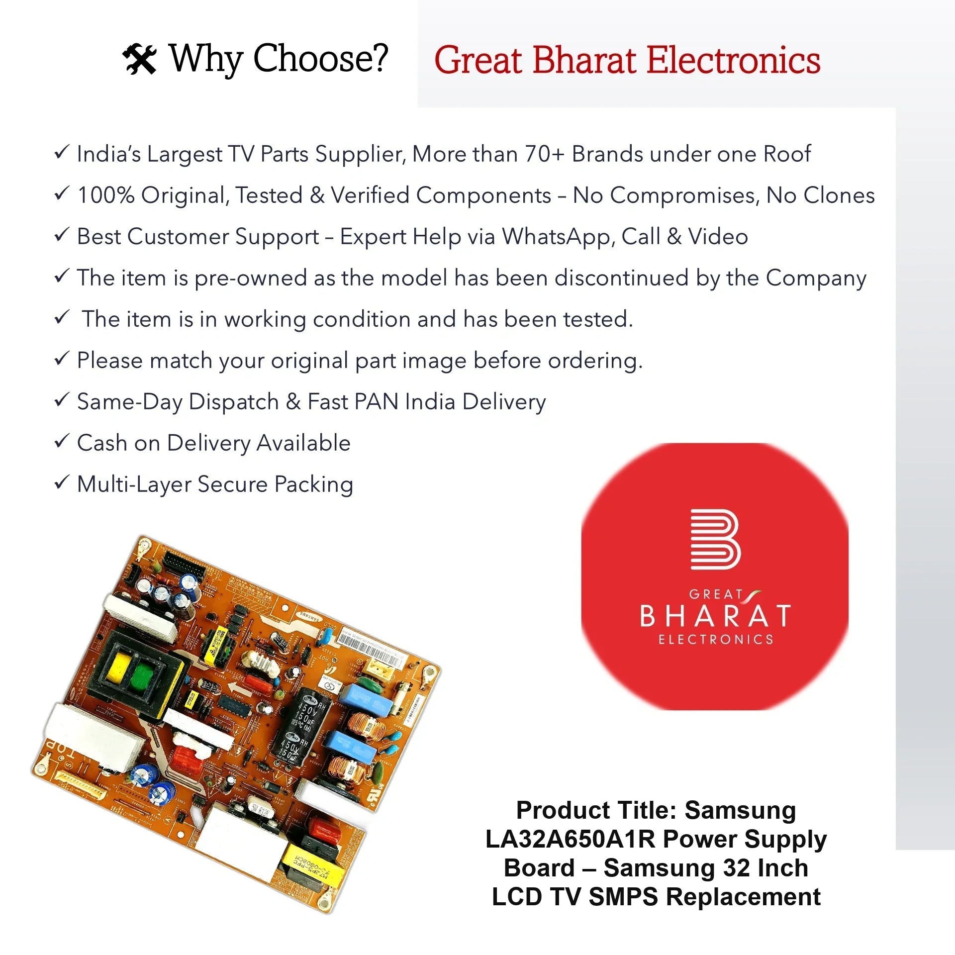 Samsung LA32A650A1R Power Supply Board – Samsung 32 Inch LCD TV SMPS Replacement - Great Bharat Electronics