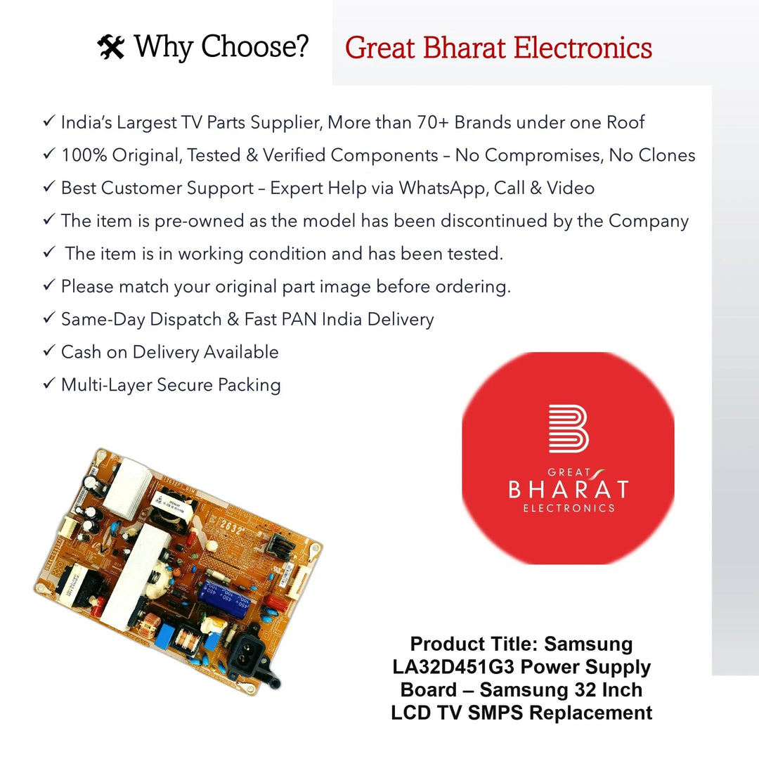 Samsung LA32D451G3 Power Supply Board – Samsung 32 Inch LCD TV SMPS Replacement - Great Bharat Electronics