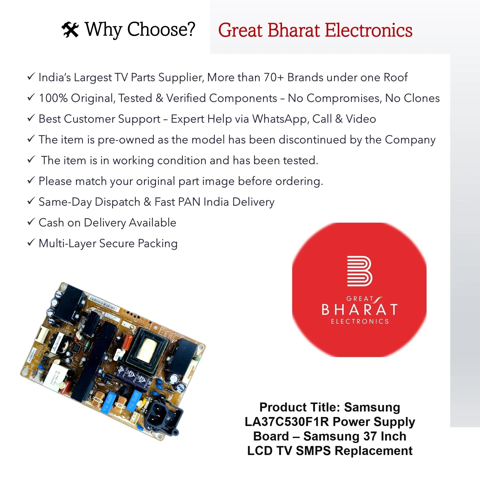 Samsung LA37C530F1R Power Supply Board – Samsung 37 Inch LCD TV SMPS Replacement - Great Bharat Electronics