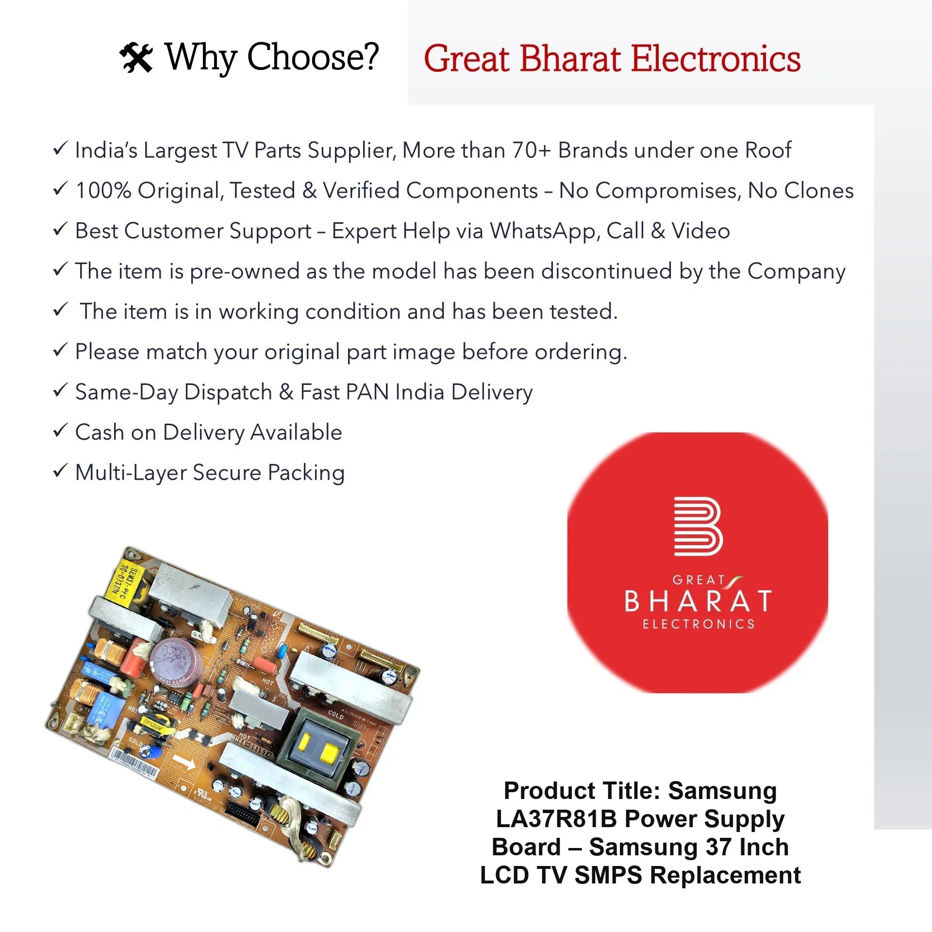Samsung LA37R81B Power Supply Board – Samsung 37 Inch LCD TV SMPS Replacement - Great Bharat Electronics