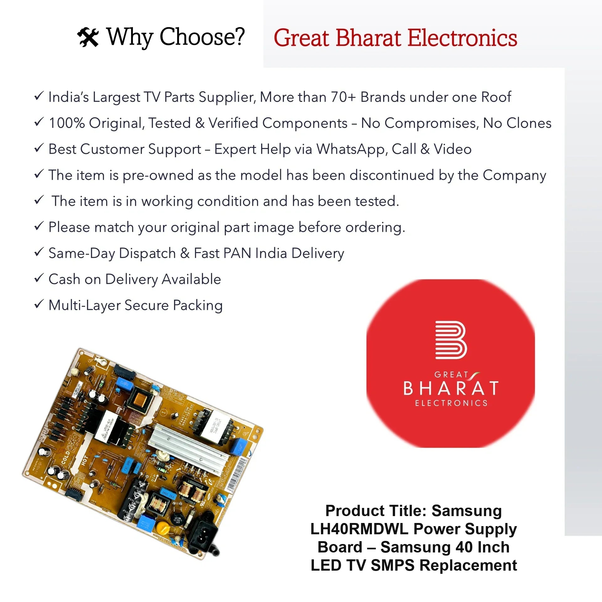 Samsung LH40RMDWL Power Supply Board – Samsung 40 Inch LED TV SMPS Replacement - Great Bharat Electronics