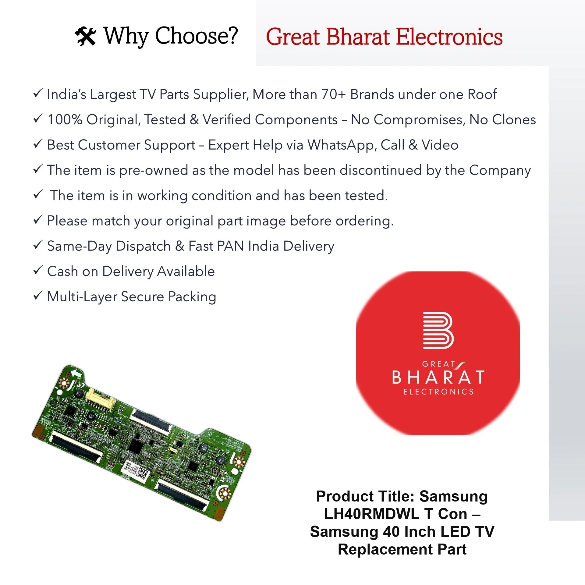 Samsung LH40RMDWL T-Con Board – Samsung 40 Inch LED TV Replacement Part - Great Bharat Electronics