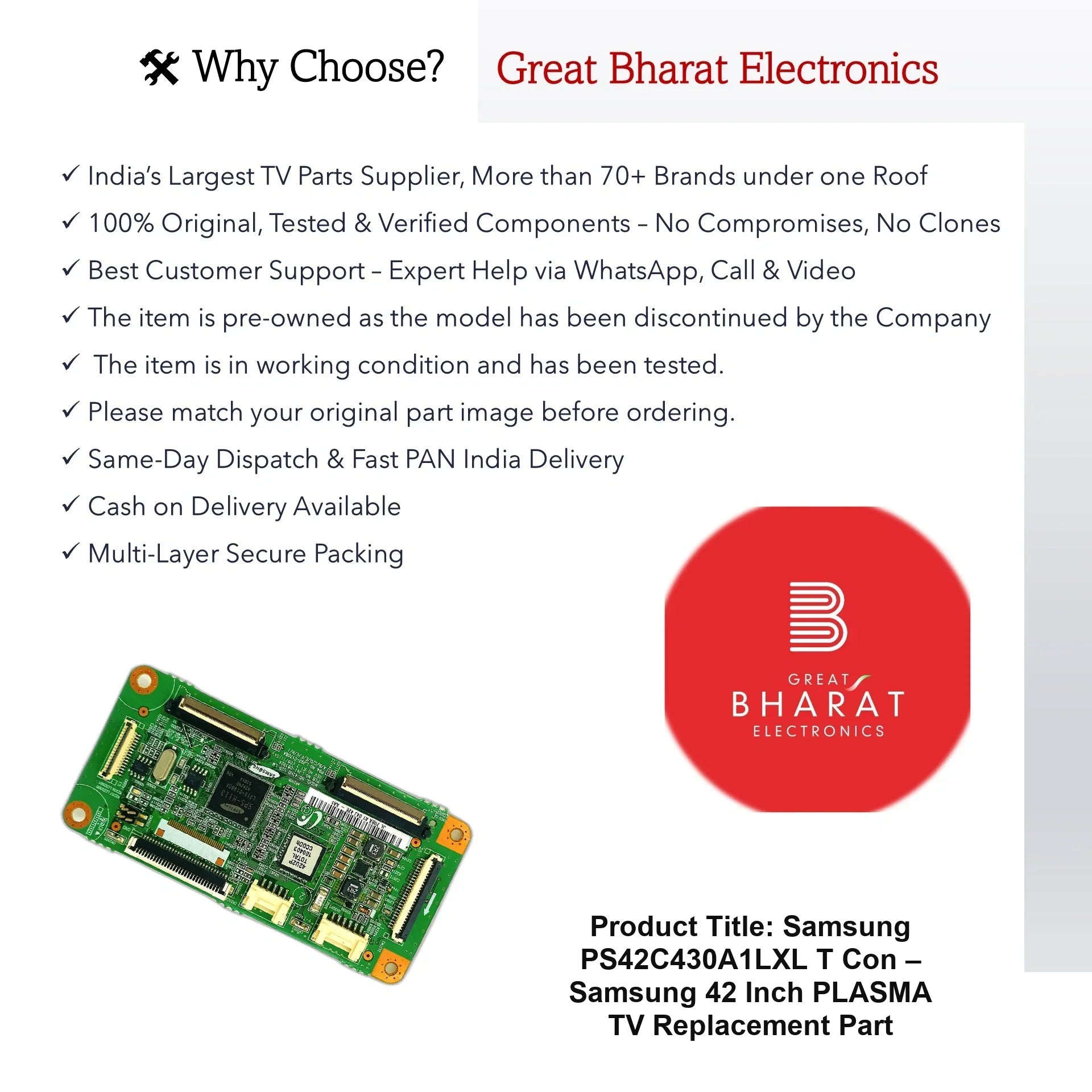 Samsung PS42C430A1LXL T-Con Board – Samsung 42 Inch Plasma TV Replacement Part - Great Bharat Electronics
