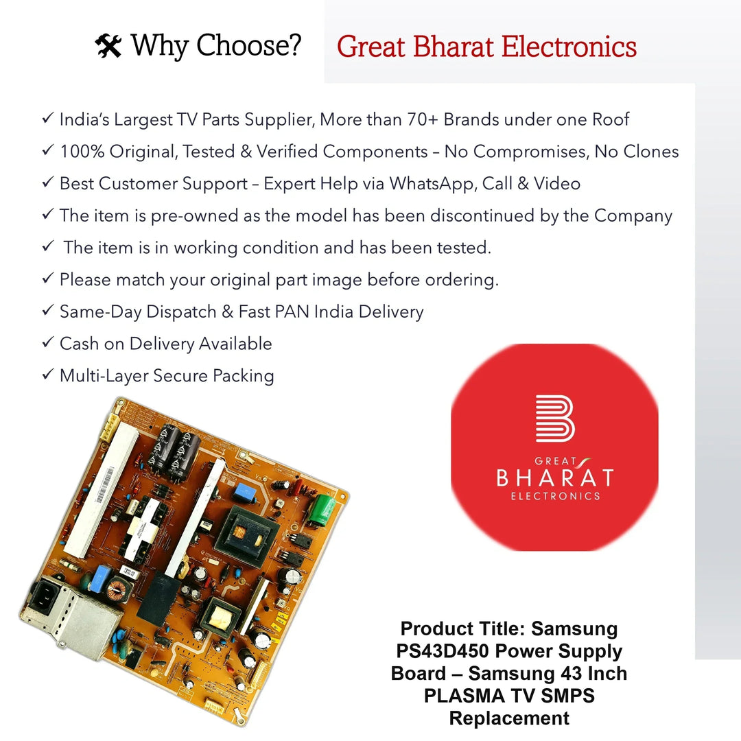 Samsung PS43D450 Power Supply Board – Samsung 43 Inch Plasma TV SMPS Replacement - Great Bharat Electronics