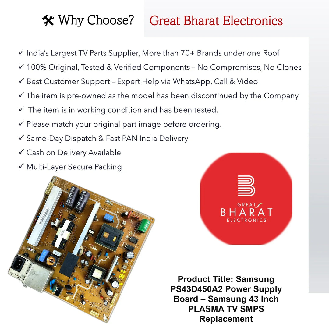 Samsung PS43D450A2 Power Supply Board – Samsung 43 Inch Plasma TV SMPS Replacement - Great Bharat Electronics
