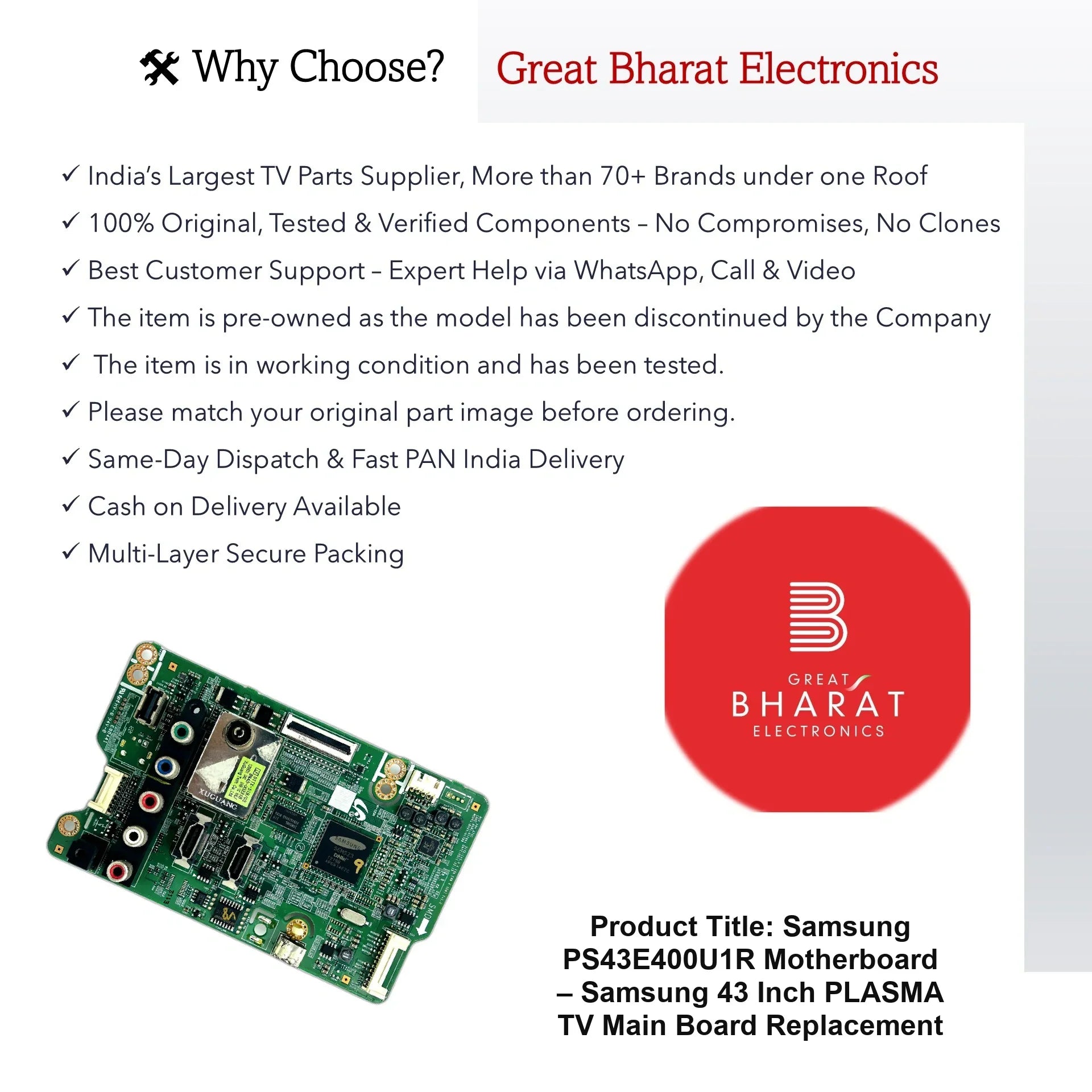 Samsung PS43E400U1R Motherboard – Samsung 43 Inch Plasma TV Main Board Replacement - Great Bharat Electronics