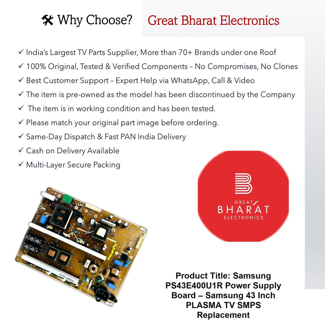 Samsung PS43E400U1R Power Supply Board – Samsung 43 Inch Plasma TV SMPS Replacement - Great Bharat Electronics