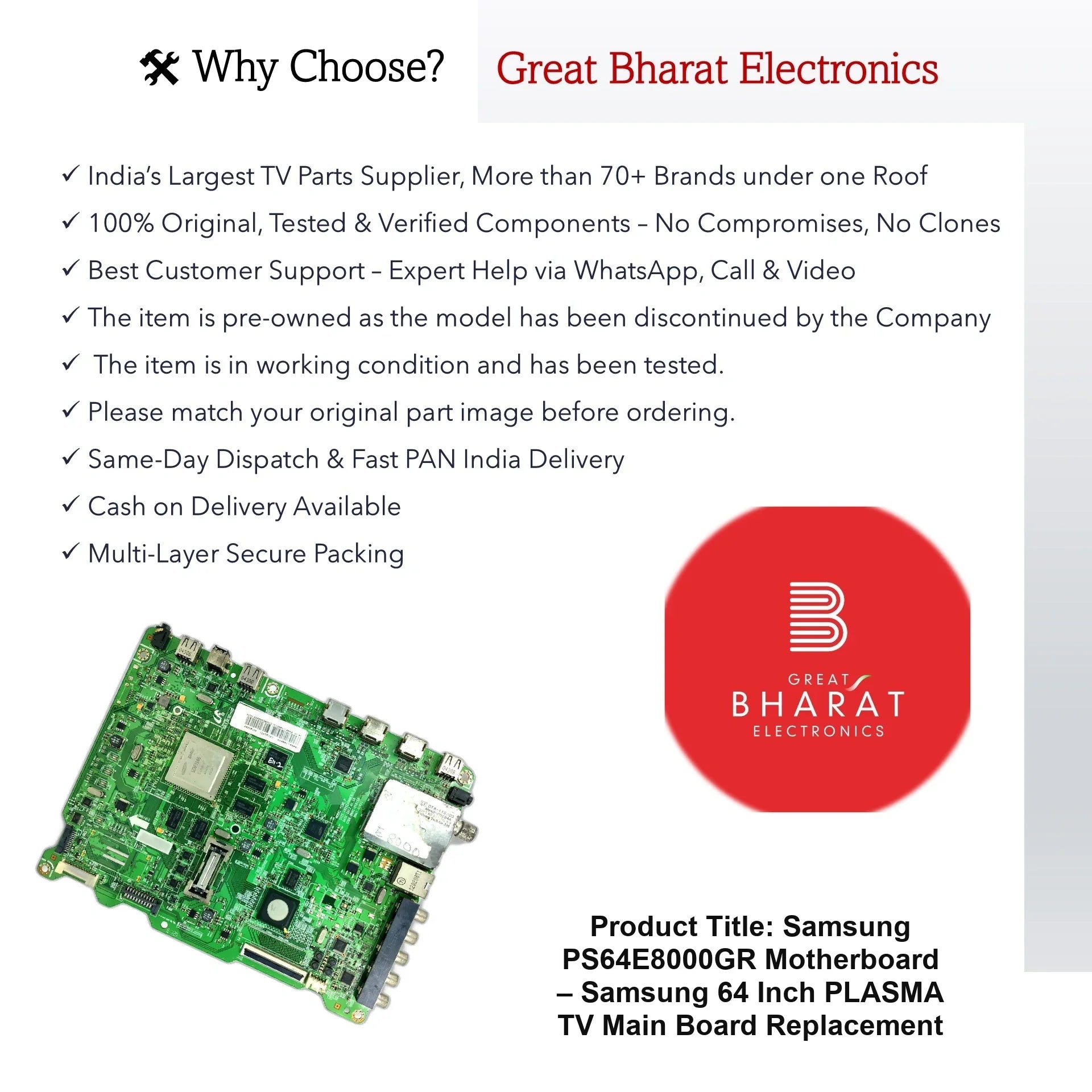 Samsung PS64E8000GR Motherboard – Samsung 64 Inch Plasma TV Main Board Replacement - Great Bharat Electronics