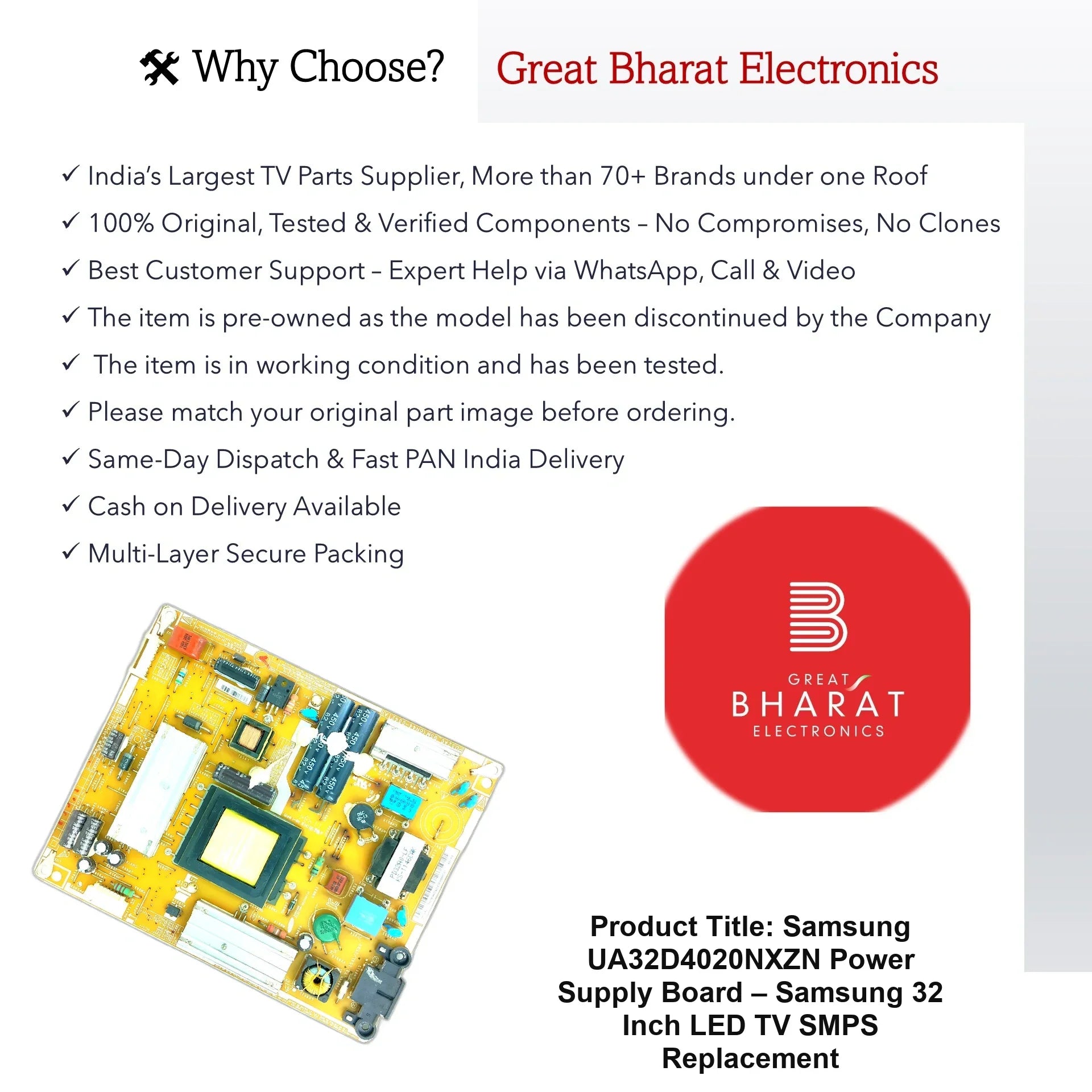Samsung UA32D4020NXZN Power Supply Board – Samsung 32 Inch LED TV SMPS Replacement - Great Bharat Electronics