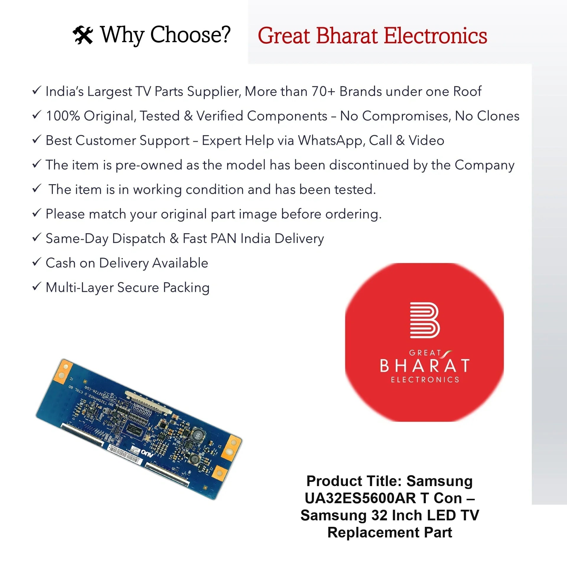 Samsung UA32ES5600AR T-Con Board – Samsung 32 Inch LED TV Replacement Part - Great Bharat Electronics