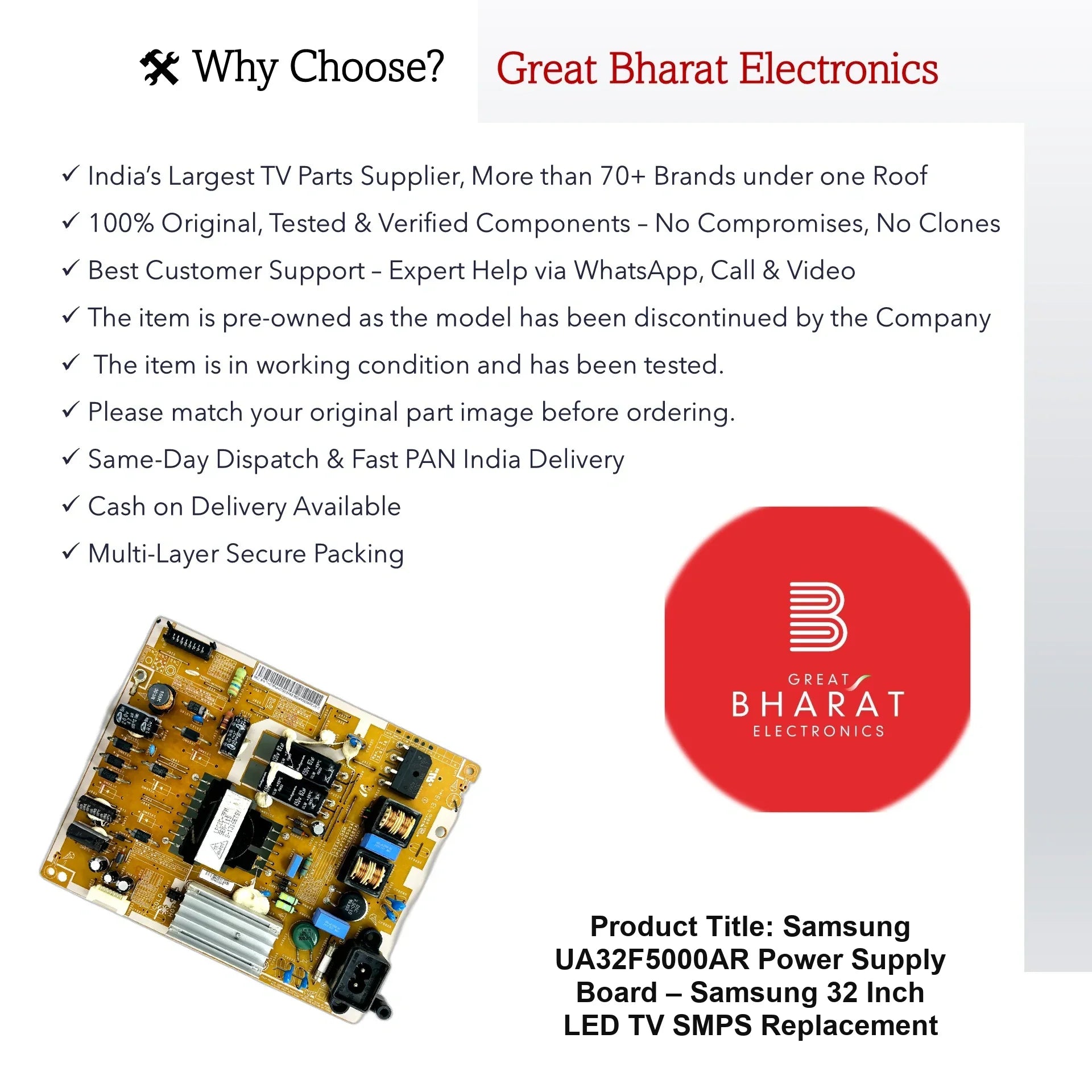 Samsung UA32F5000AR Power Supply Board – Samsung 32 Inch LED TV SMPS Replacement - Great Bharat Electronics
