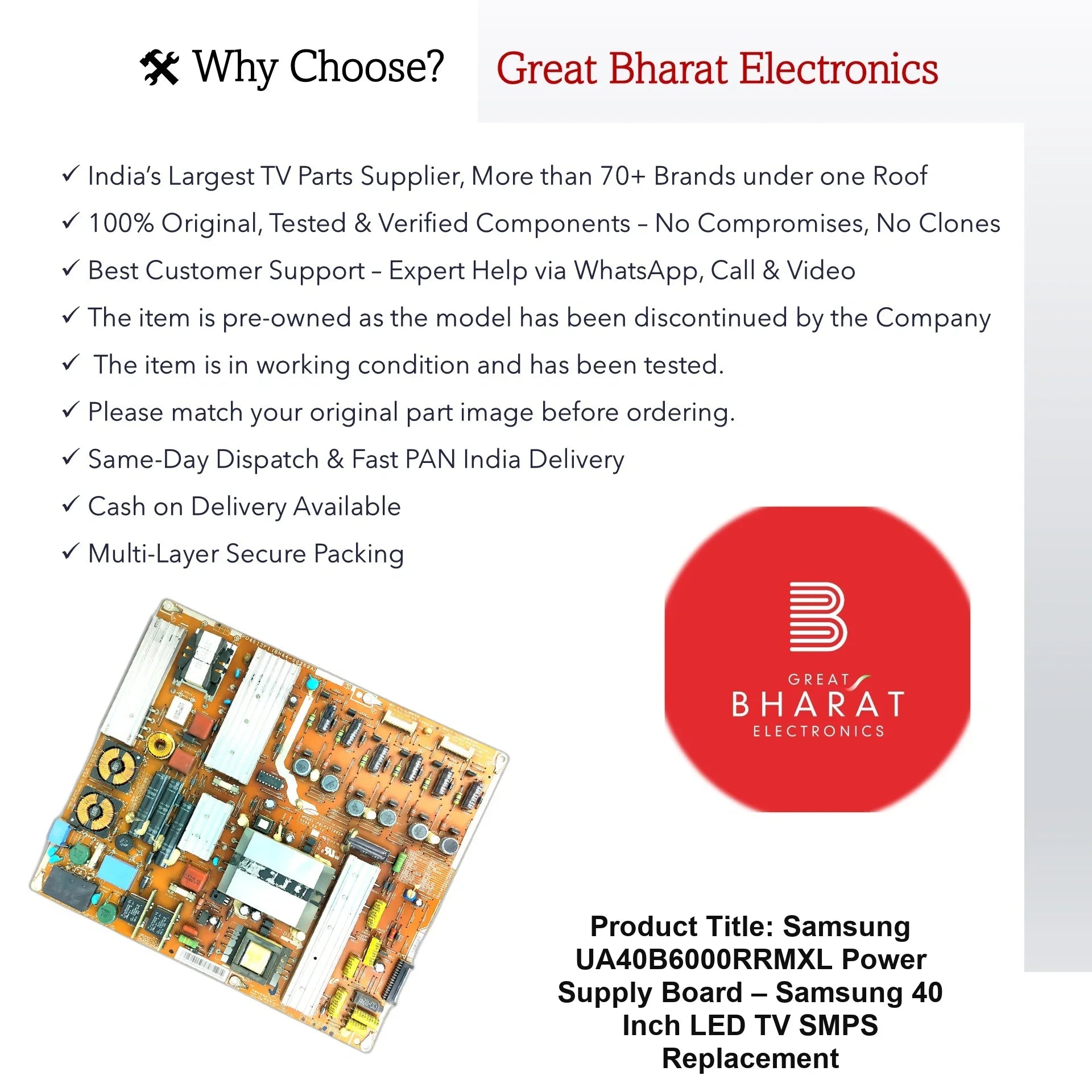Samsung UA40B6000RRMXL Power Supply Board – Samsung 40 Inch LED TV SMPS Replacement - Great Bharat Electronics