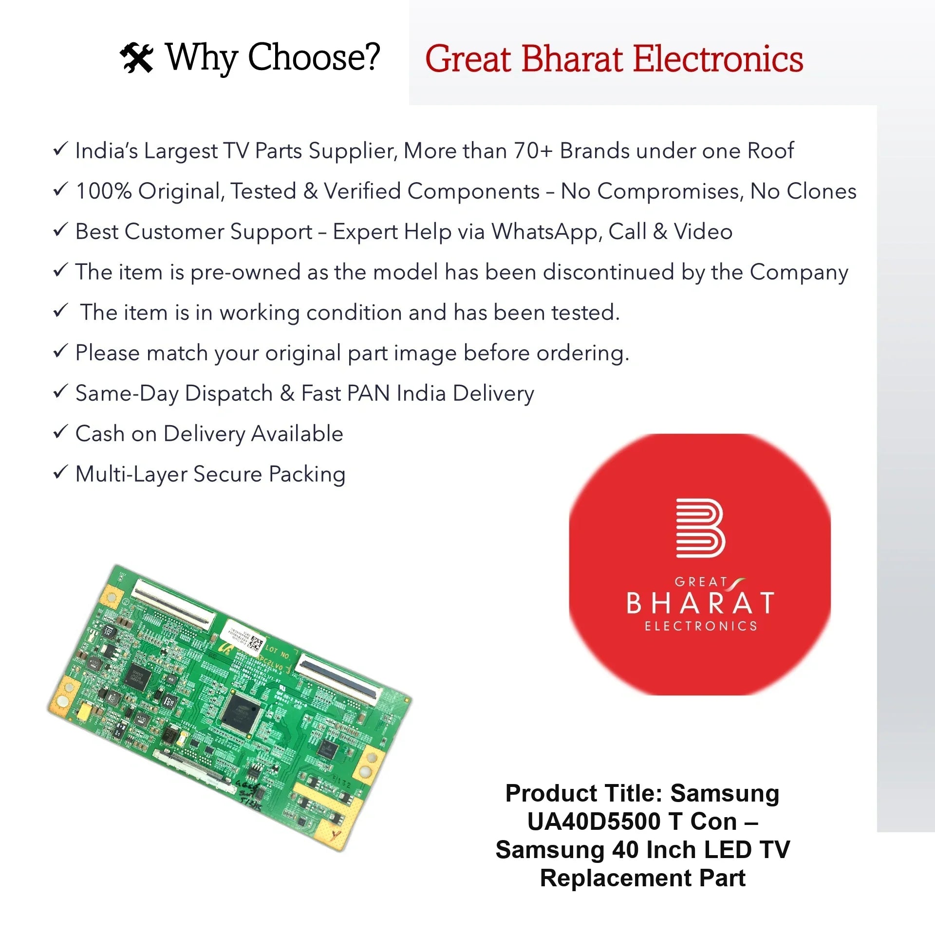 Samsung UA40D5500 T-Con Board – Samsung 40 Inch LED TV Replacement Part - Great Bharat Electronics