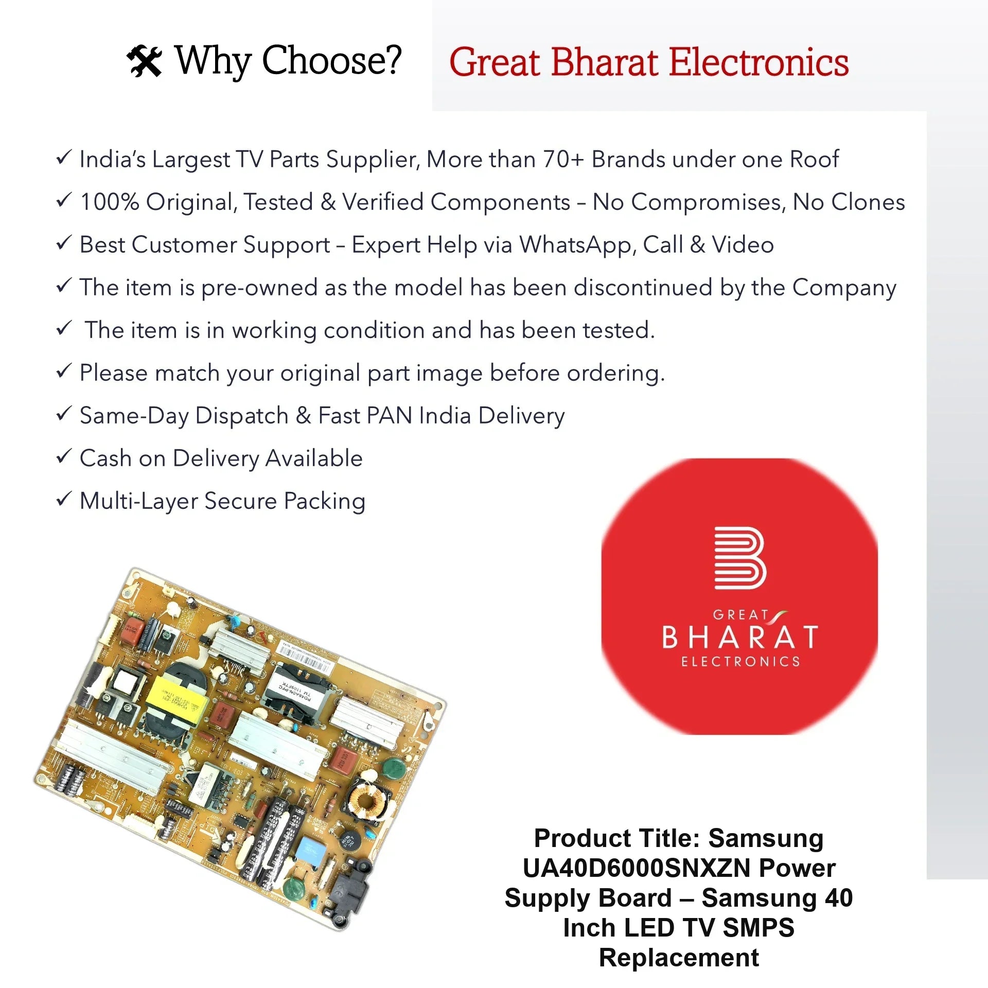 Samsung UA40D6000SNXZN Power Supply Board – Samsung 40 Inch LED TV SMPS Replacement - Great Bharat Electronics