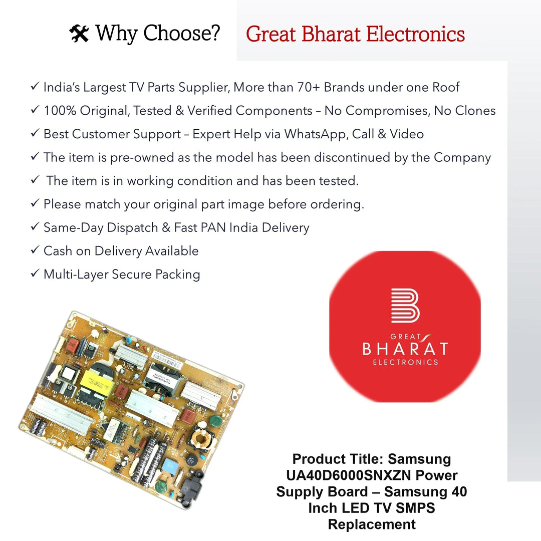 Samsung UA40D6000SNXZN Power Supply Board – Samsung 40 Inch LED TV SMPS Replacement - Great Bharat Electronics