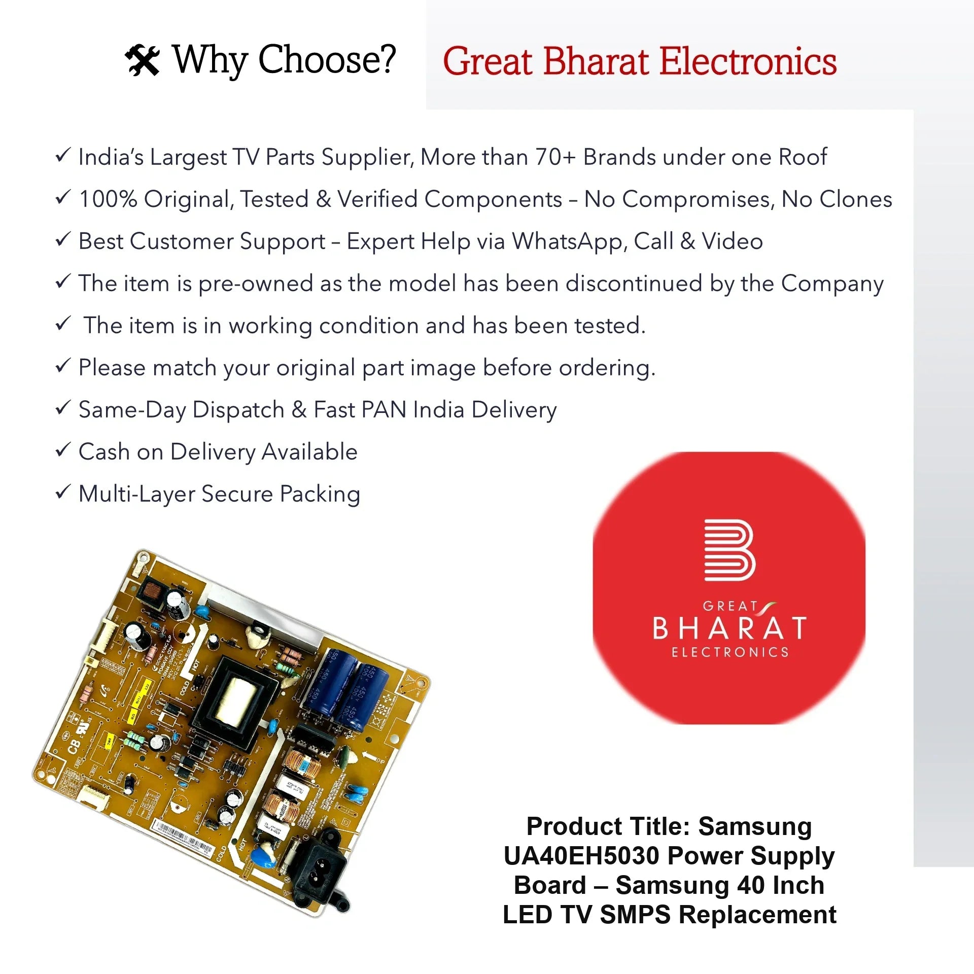 Samsung UA40EH5030 Power Supply Board – Samsung 40 Inch LED TV SMPS Replacement - Great Bharat Electronics
