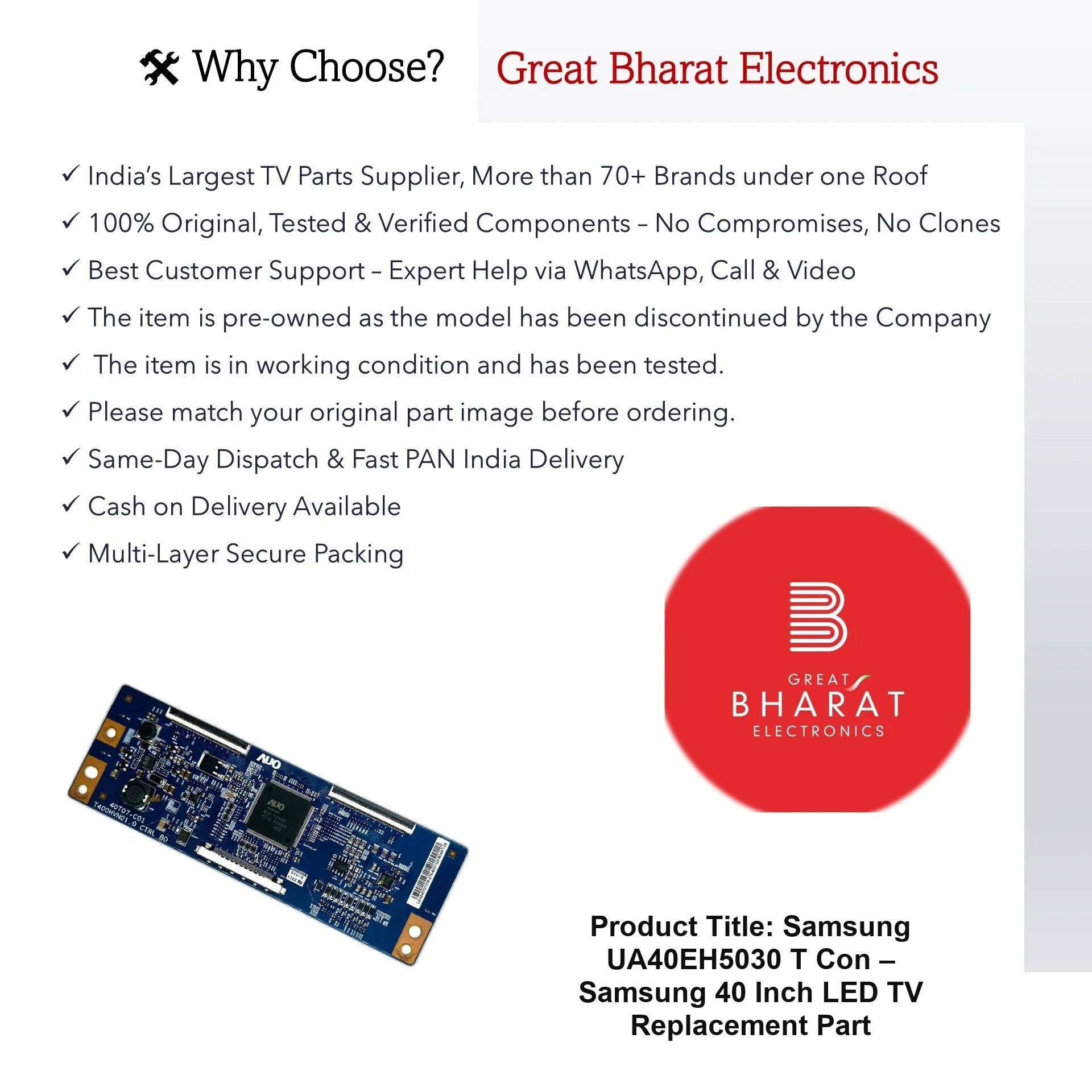 Samsung UA40EH5030 T-Con Board – Samsung 40 Inch LED TV Replacement Part - Great Bharat Electronics