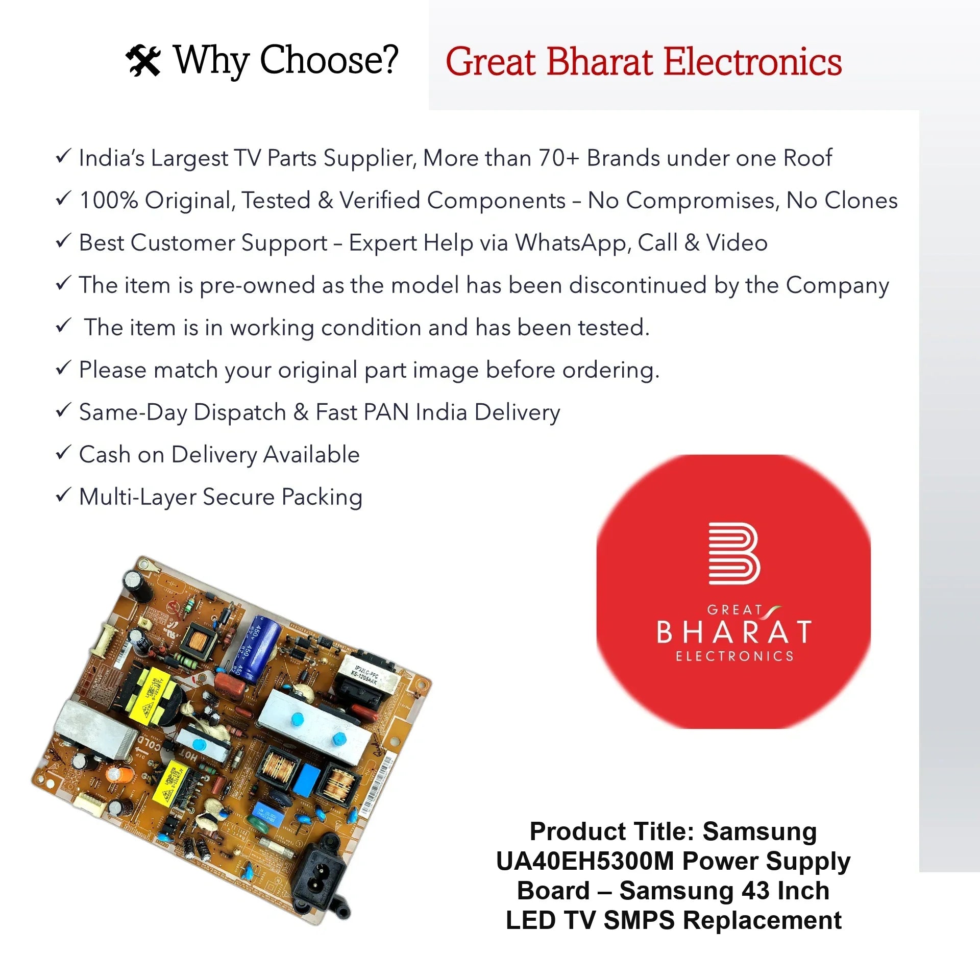 Samsung UA40EH5300M Power Supply Board – Samsung 43 Inch LED TV SMPS Replacement - Great Bharat Electronics