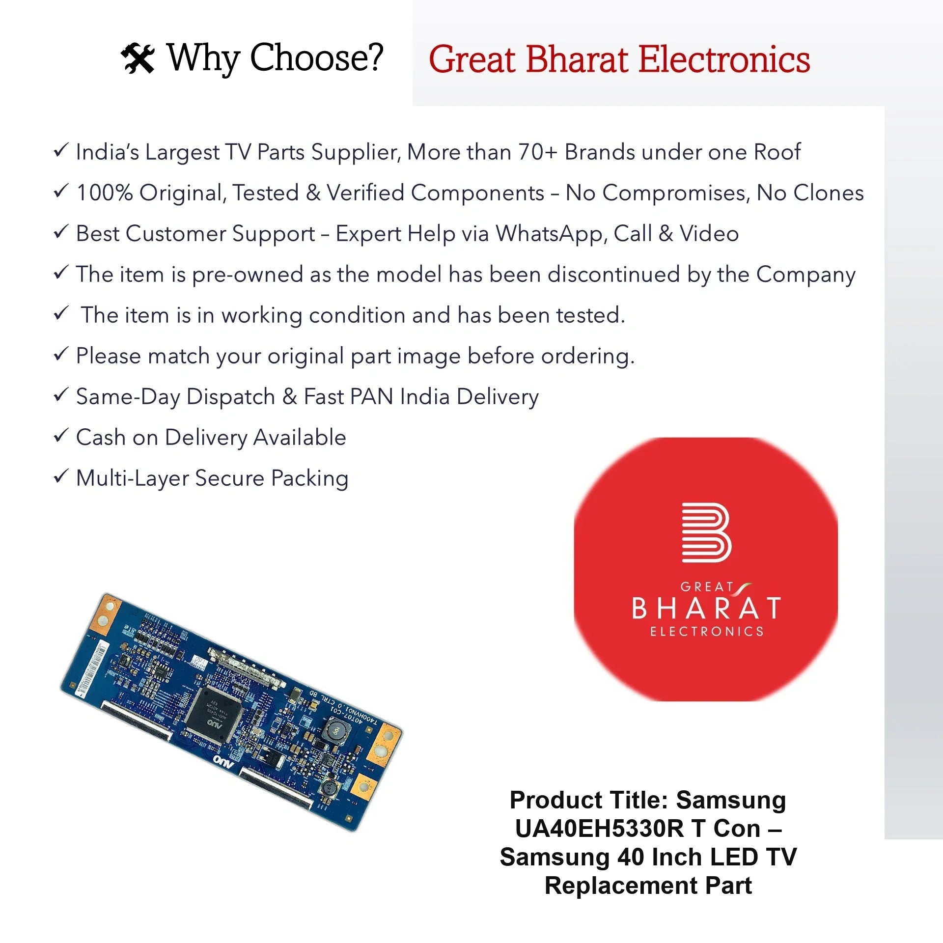 Samsung UA40EH5330R T-Con Board – Samsung 40 Inch LED TV Replacement Part - Great Bharat Electronics