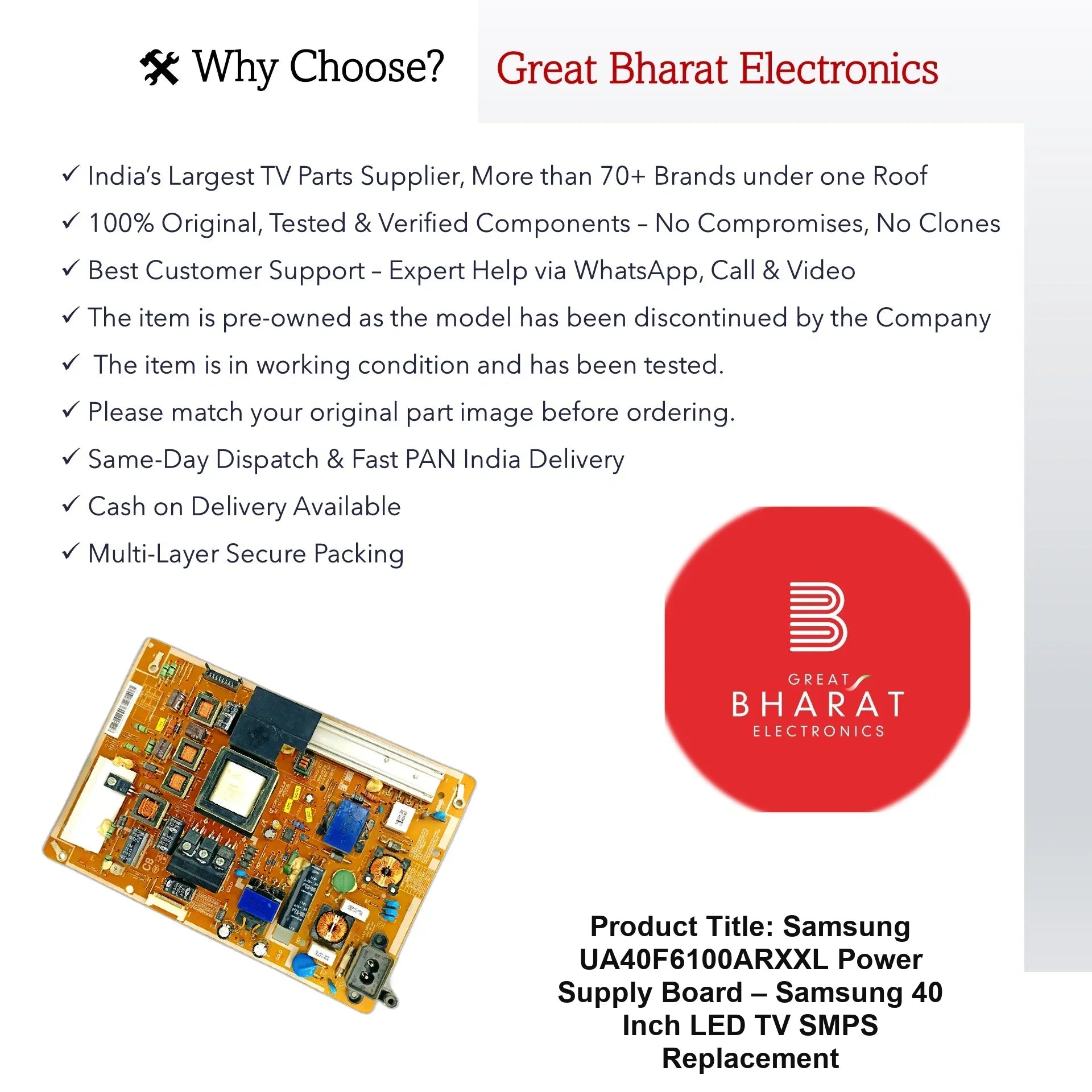 Samsung UA40F6100ARXXL Power Supply Board – Samsung 40 Inch LED TV SMPS Replacement - Great Bharat Electronics