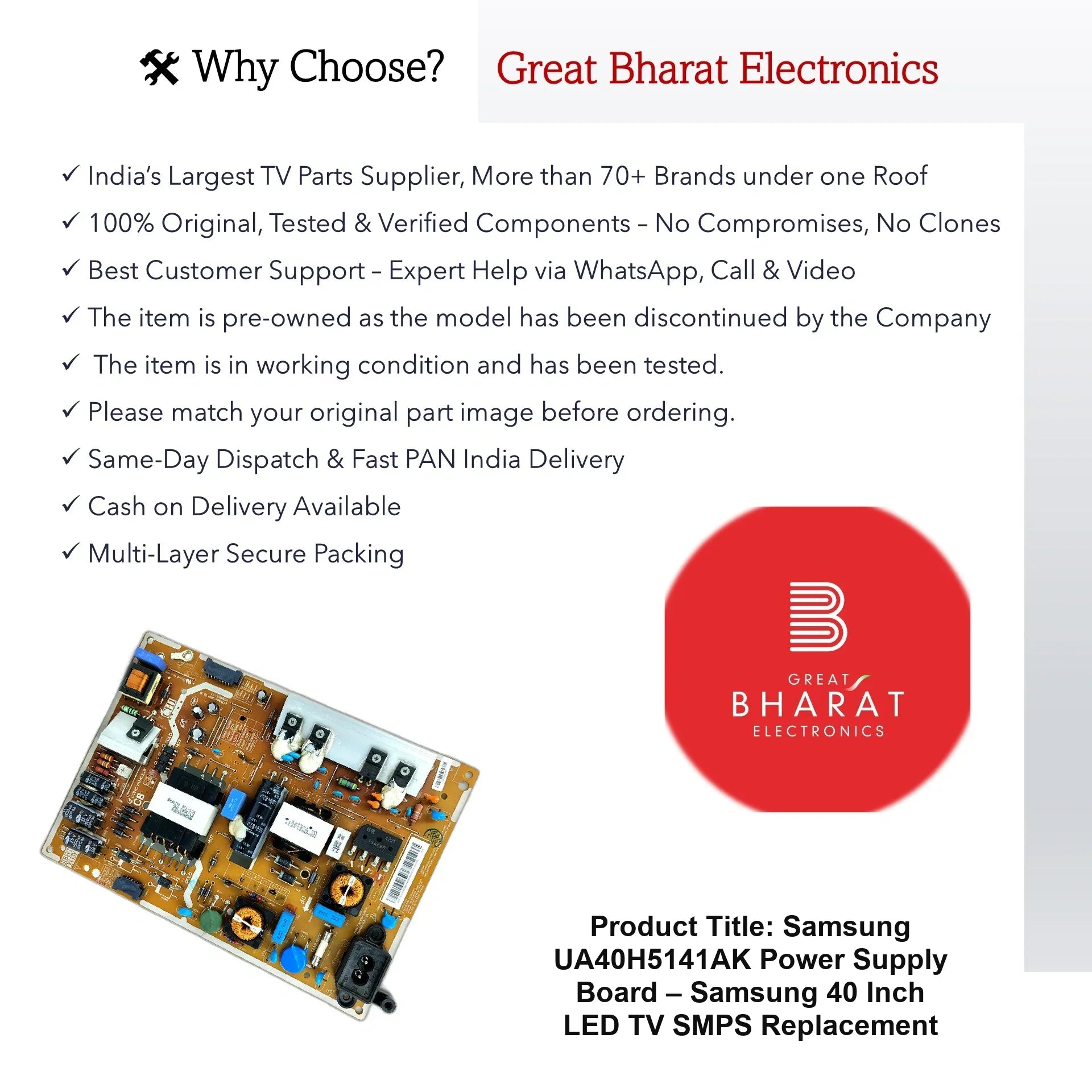 Samsung UA40H5141AK Power Supply Board – Samsung 40 Inch LED TV SMPS Replacement - Great Bharat Electronics