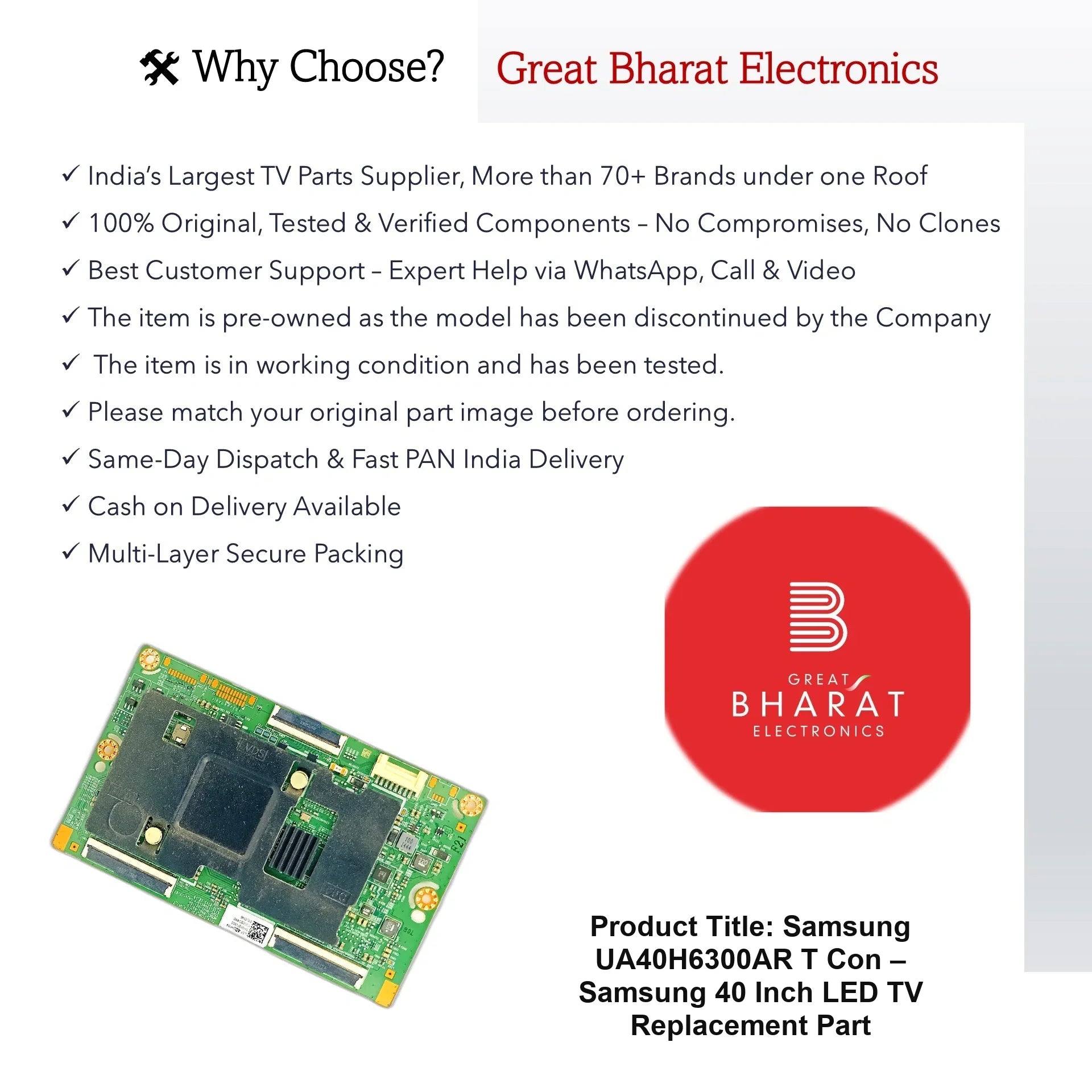 Samsung UA40H6300AR T-Con Board – Samsung 40 Inch LED TV Replacement Part - Great Bharat Electronics